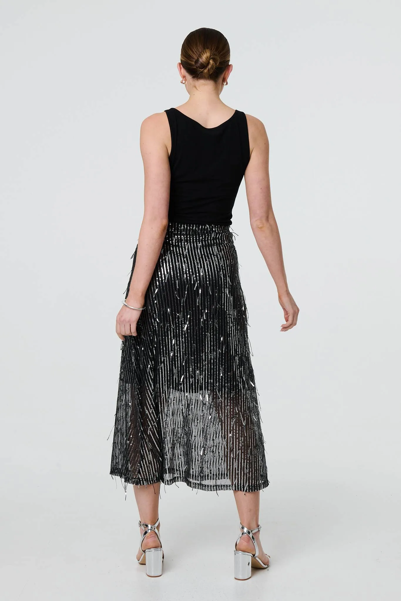 Sparkly Striped Mesh Layer Midi Skirt