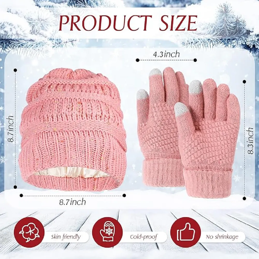 Suhine 18 Pcs Winter Hat and Glove Set 9 Pcs Warm Satin Lined Knitted Beanie