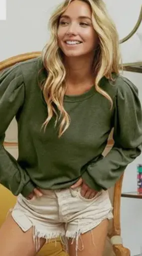 Thermal Puff Sleeves Crew Neck Top (Olive, Marsala, Khaki)