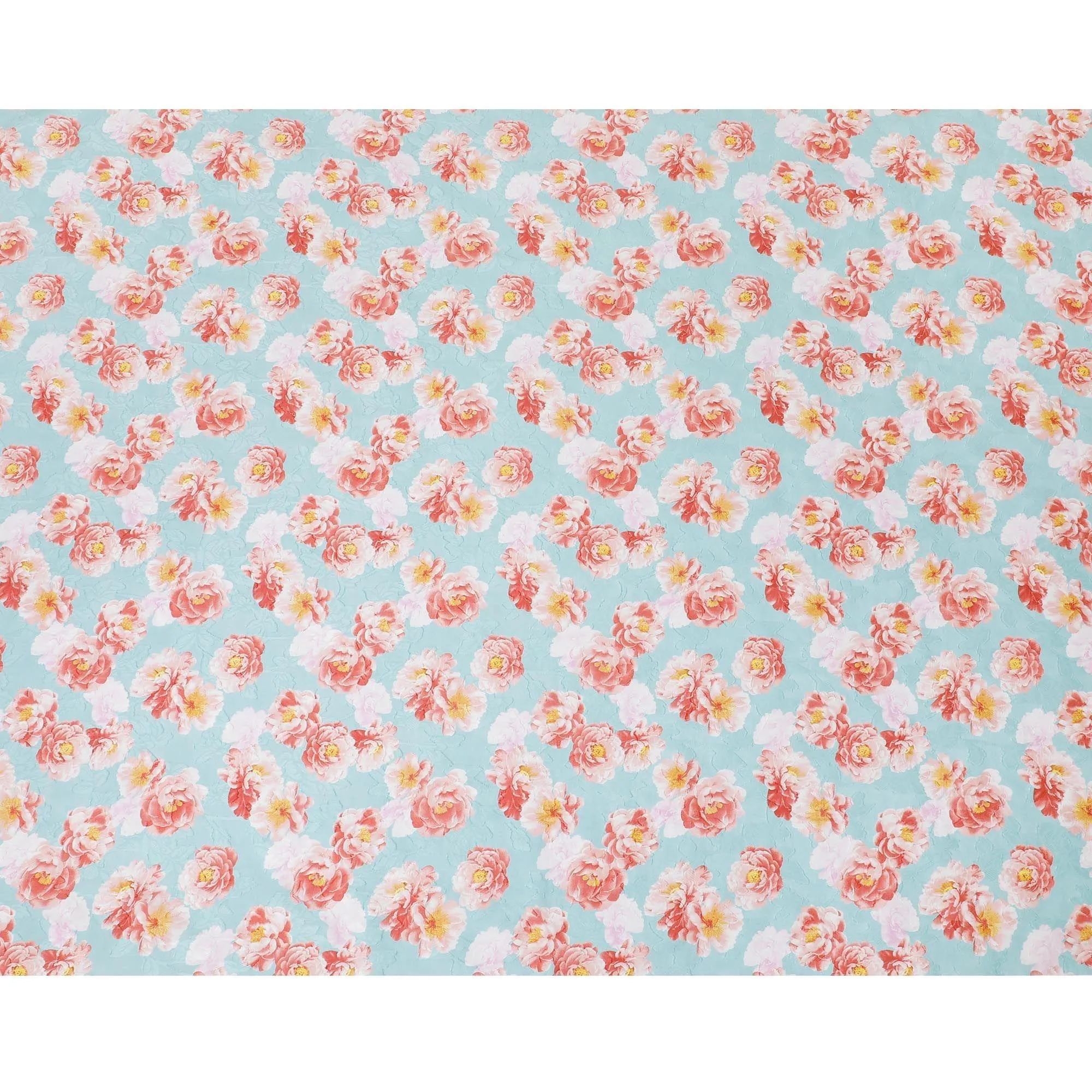 Tiffany blue uragiri cotton voile fabric with same tone jacquard having light pink, salmon peach and mustard yellow print n floral design-D10486