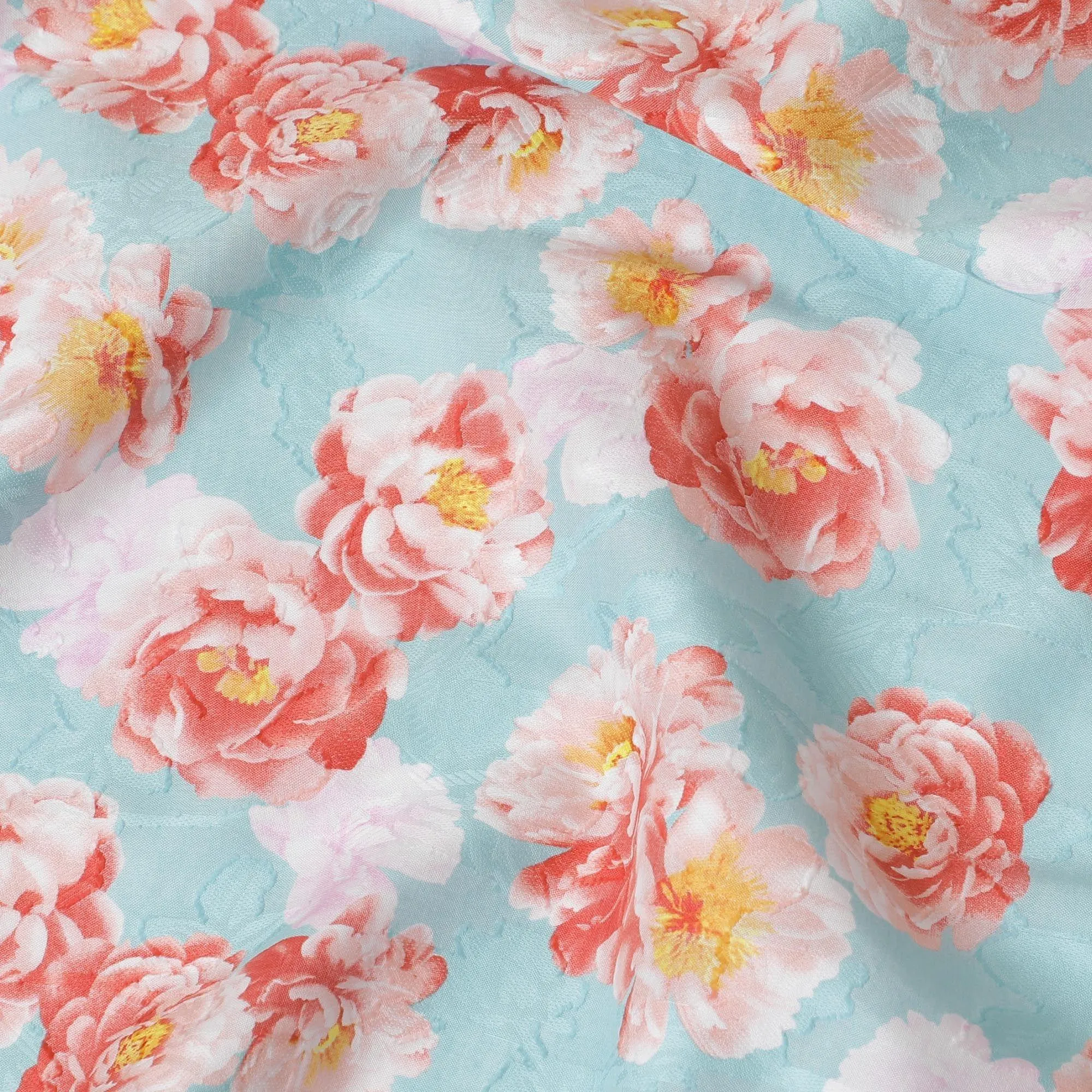 Tiffany blue uragiri cotton voile fabric with same tone jacquard having light pink, salmon peach and mustard yellow print n floral design-D10486