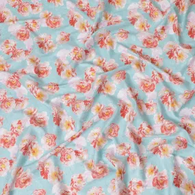 Tiffany blue uragiri cotton voile fabric with same tone jacquard having light pink, salmon peach and mustard yellow print n floral design-D10486