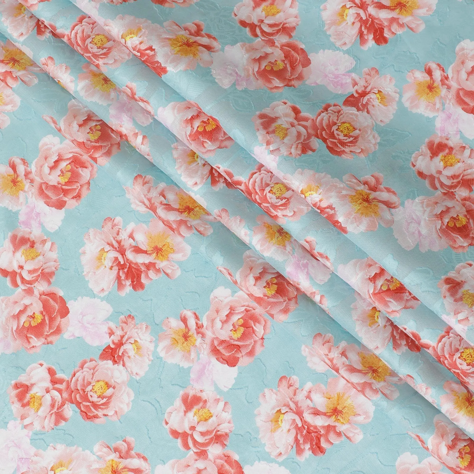 Tiffany blue uragiri cotton voile fabric with same tone jacquard having light pink, salmon peach and mustard yellow print n floral design-D10486