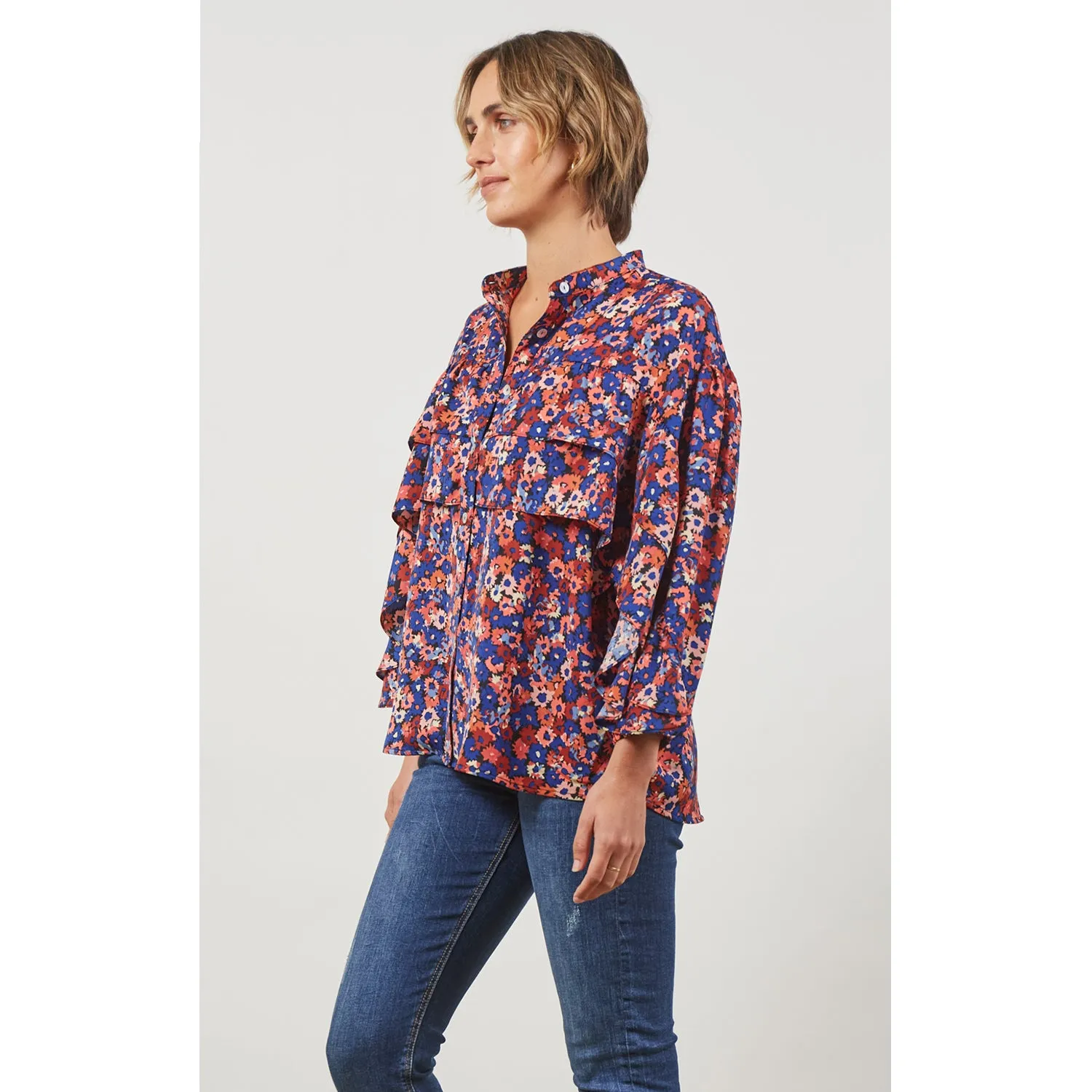 Top Romance Ruffle Blouse - Azure Bloom