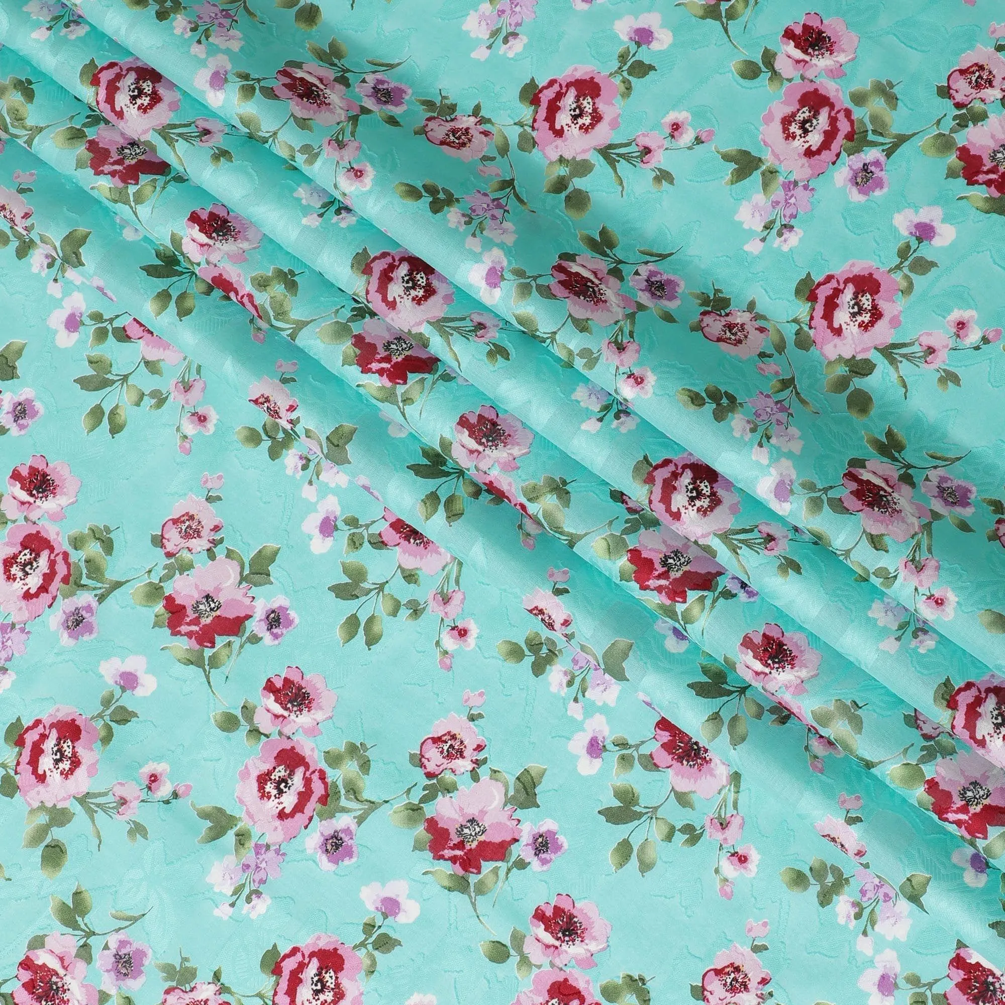 Turquoise green uragiri cotton voile fabric with same tone jacquard baby pink, olive green, beige and black print in floral design-D10573