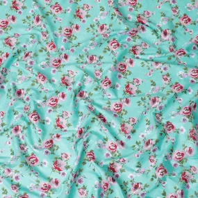 Turquoise green uragiri cotton voile fabric with same tone jacquard baby pink, olive green, beige and black print in floral design-D10573