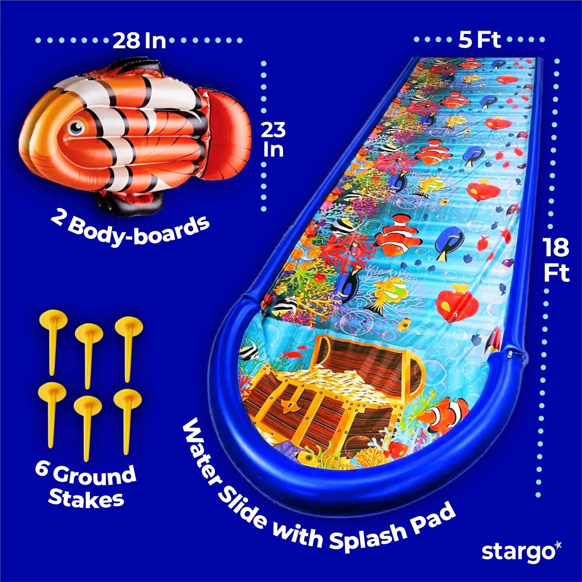 Undersea Water Dual Slip and Slide - 18 Feet X 5 Feet Slip N Slide with Splash Pad and Sprinkler, Water Slide with Inflatable Body Boards - Kids Water Fun