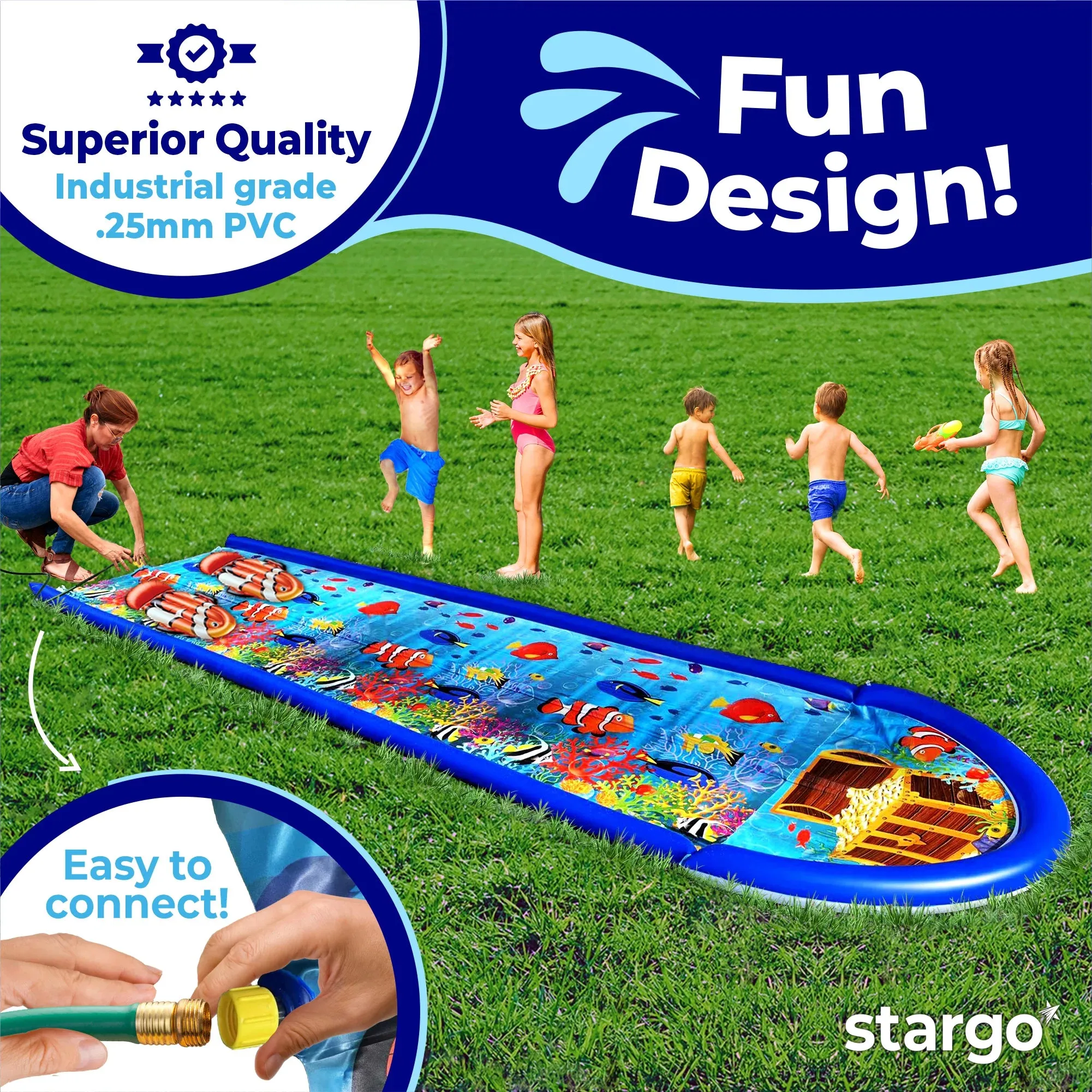 Undersea Water Dual Slip and Slide - 18 Feet X 5 Feet Slip N Slide with Splash Pad and Sprinkler, Water Slide with Inflatable Body Boards - Kids Water Fun