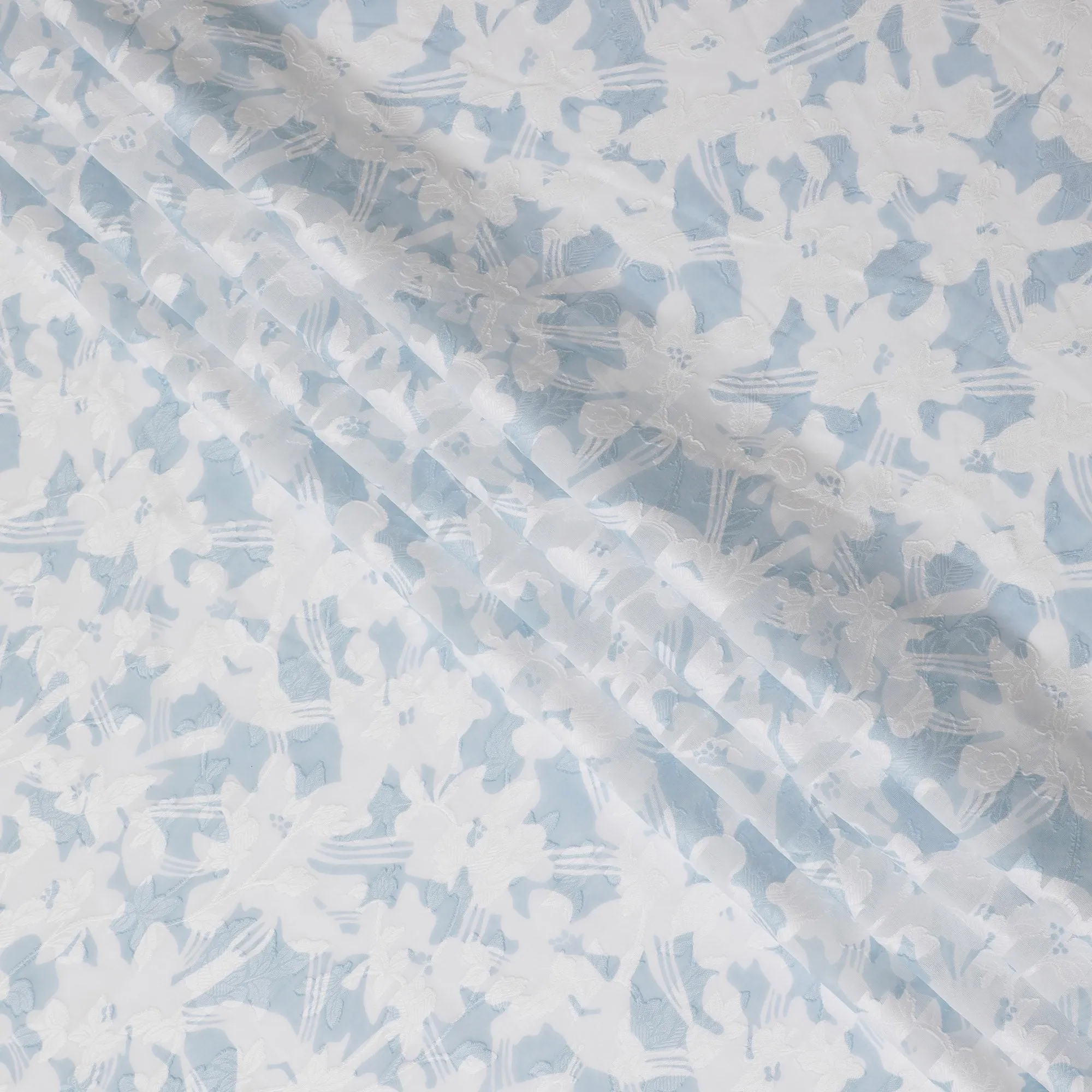 Uragiri Cotton Voile Fabric with Jacquard, 110 cm Width, White and Light Blue Floral Design-D19966