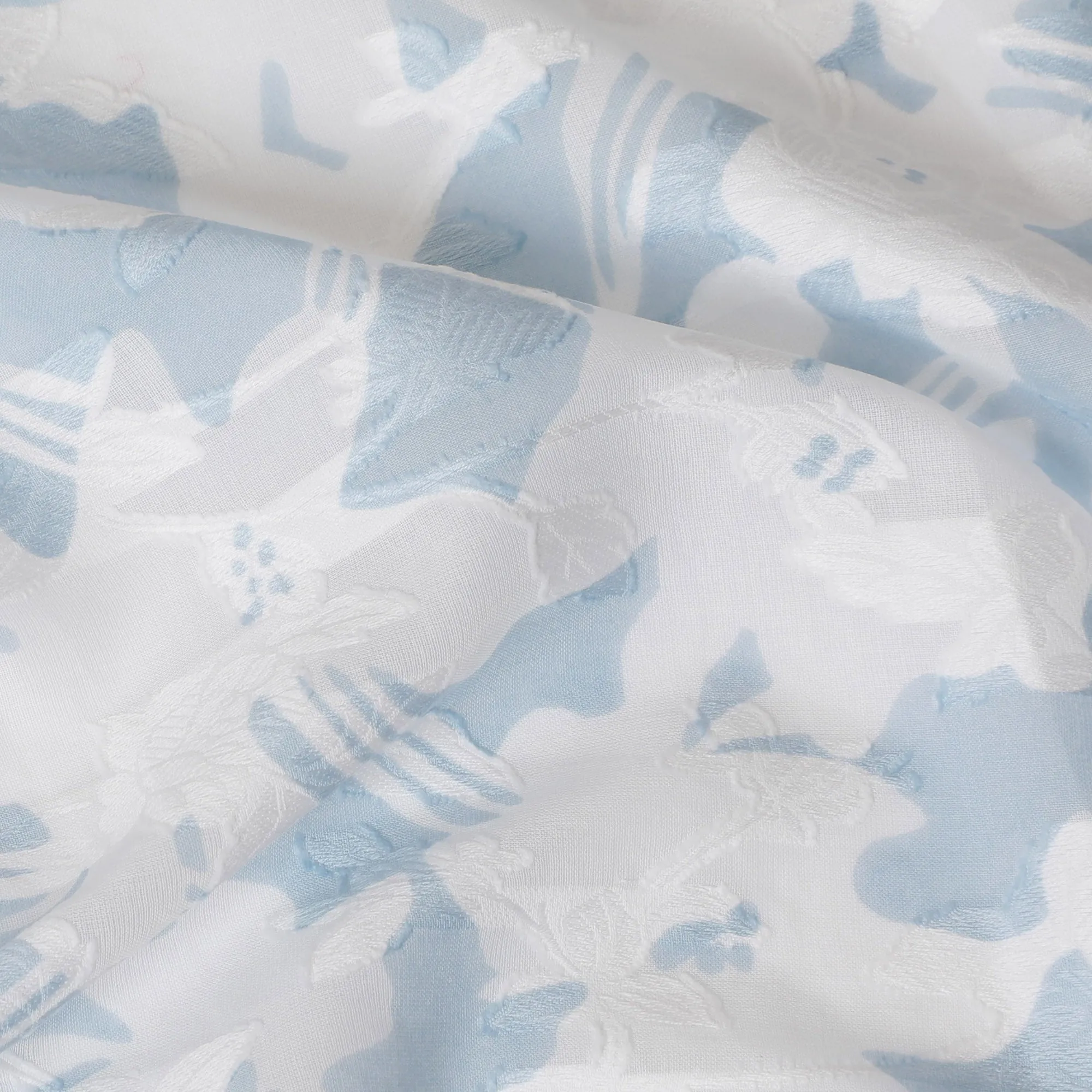 Uragiri Cotton Voile Fabric with Jacquard, 110 cm Width, White and Light Blue Floral Design-D19966