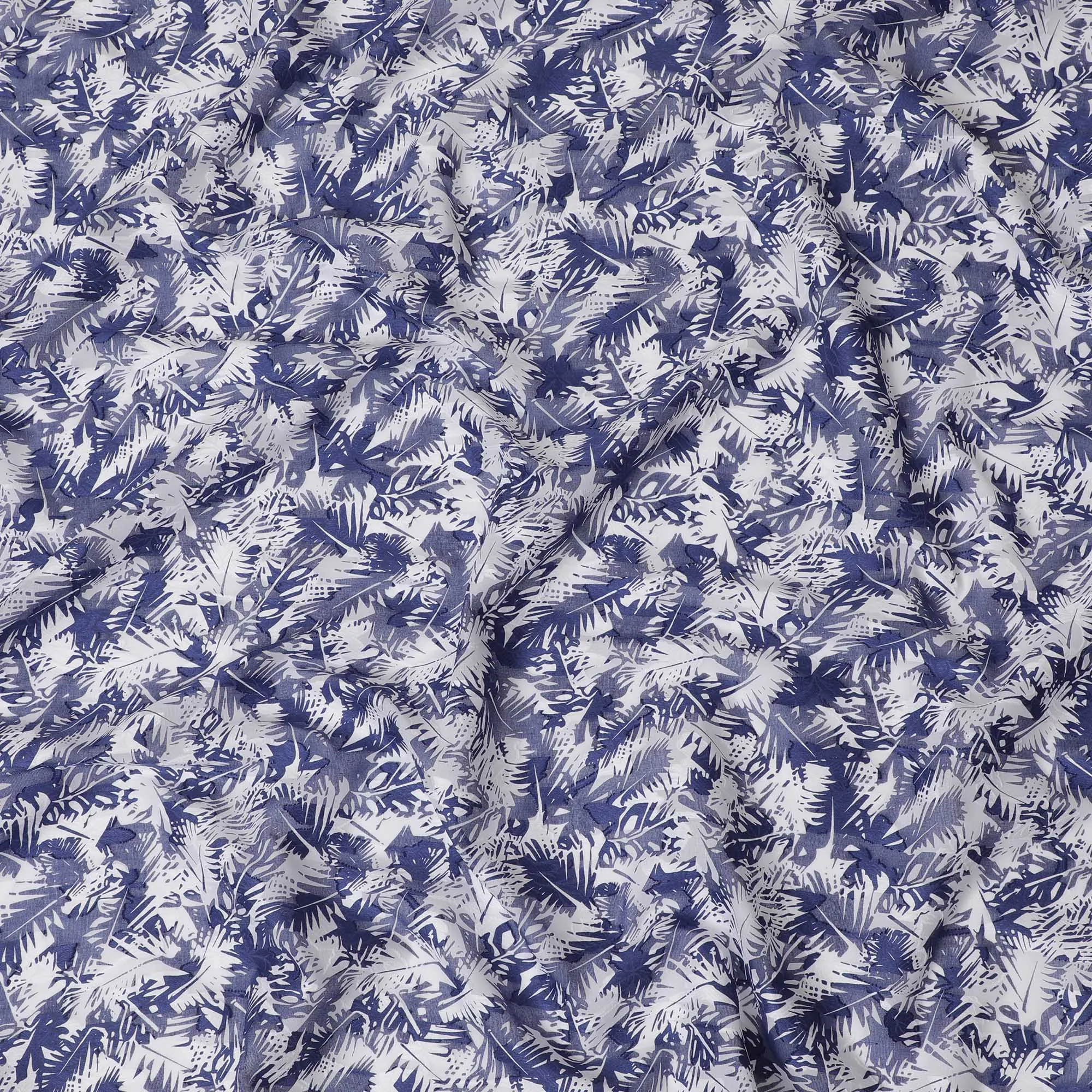 Uragiri Cotton Voile Fabric with Jacquard, 110 cm Width, White and Navy Leaf Design-D19963