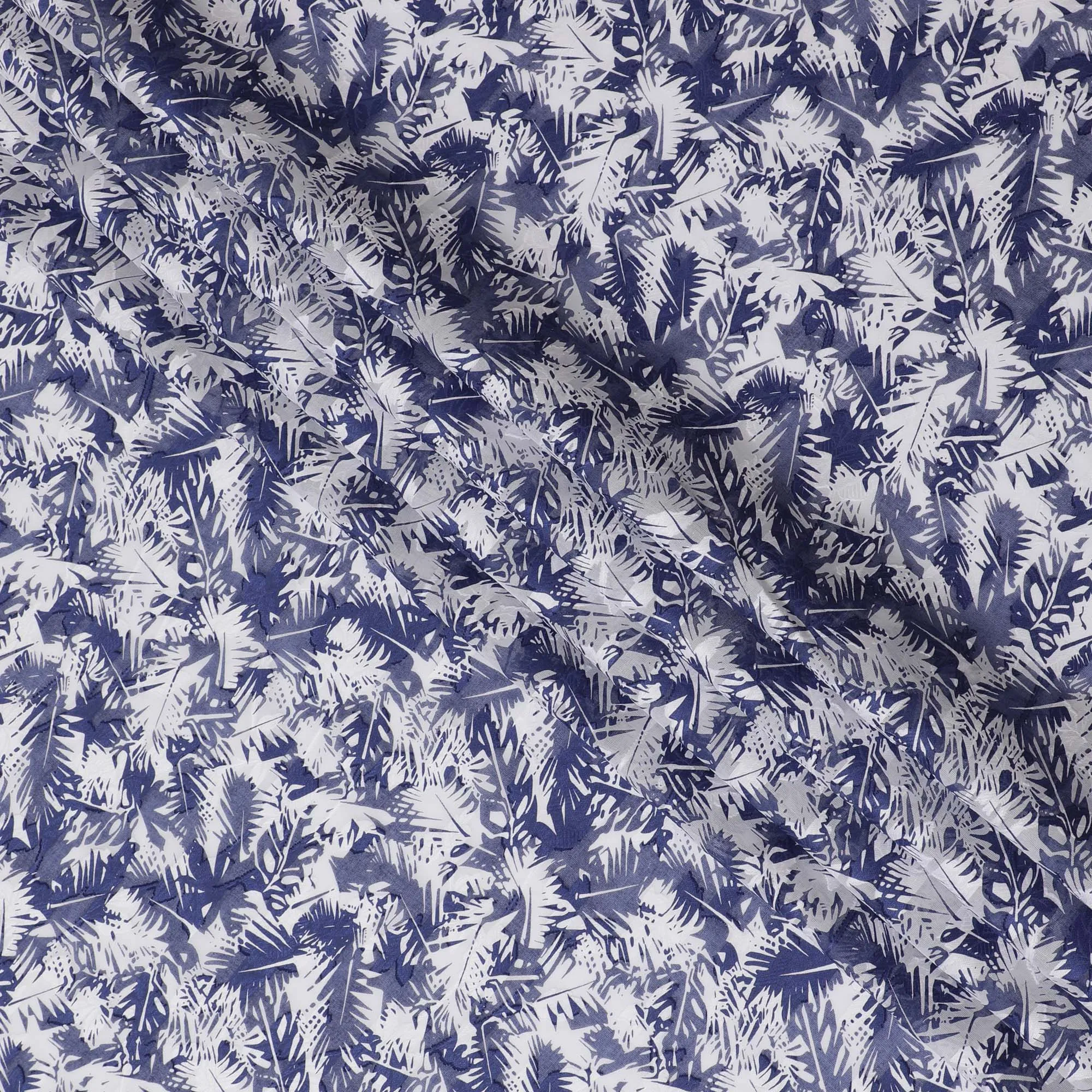 Uragiri Cotton Voile Fabric with Jacquard, 110 cm Width, White and Navy Leaf Design-D19963