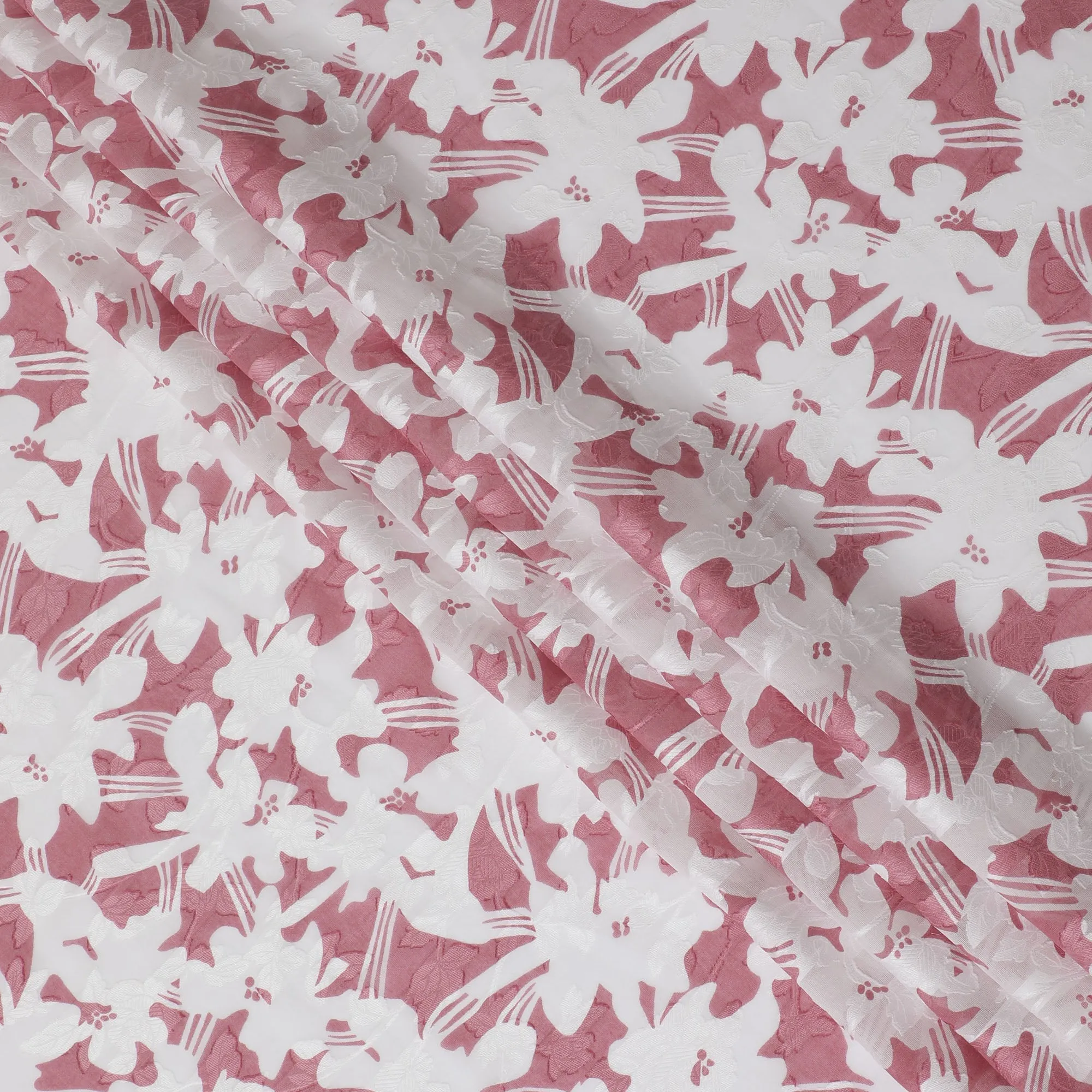 Uragiri Cotton Voile Fabric with jacquard, 110 cm Width, White and Pink Floral Design-D19955