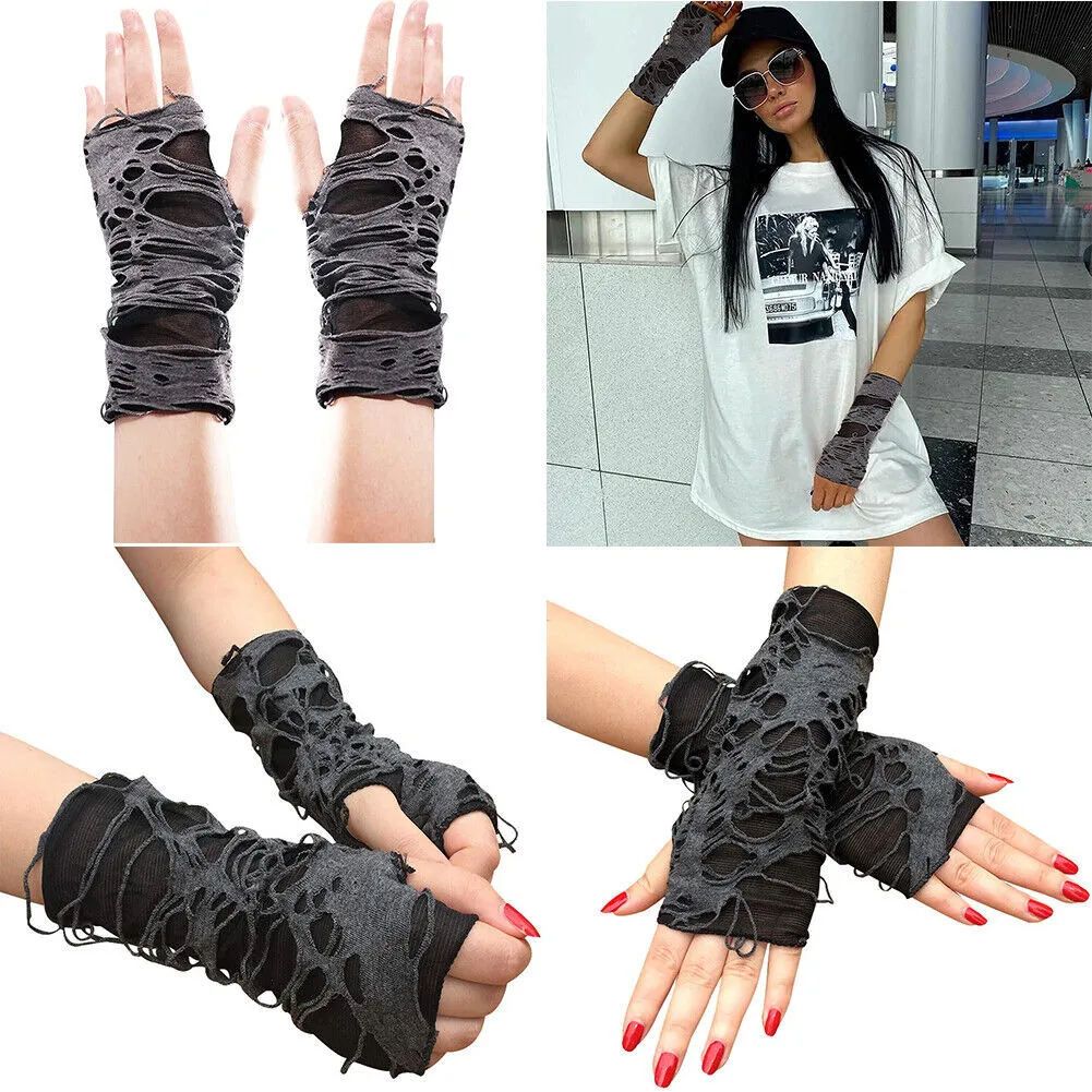 US Women's Punk Fingerless Gloves Black Gothic Cosplay Halloween Ripped Gloves