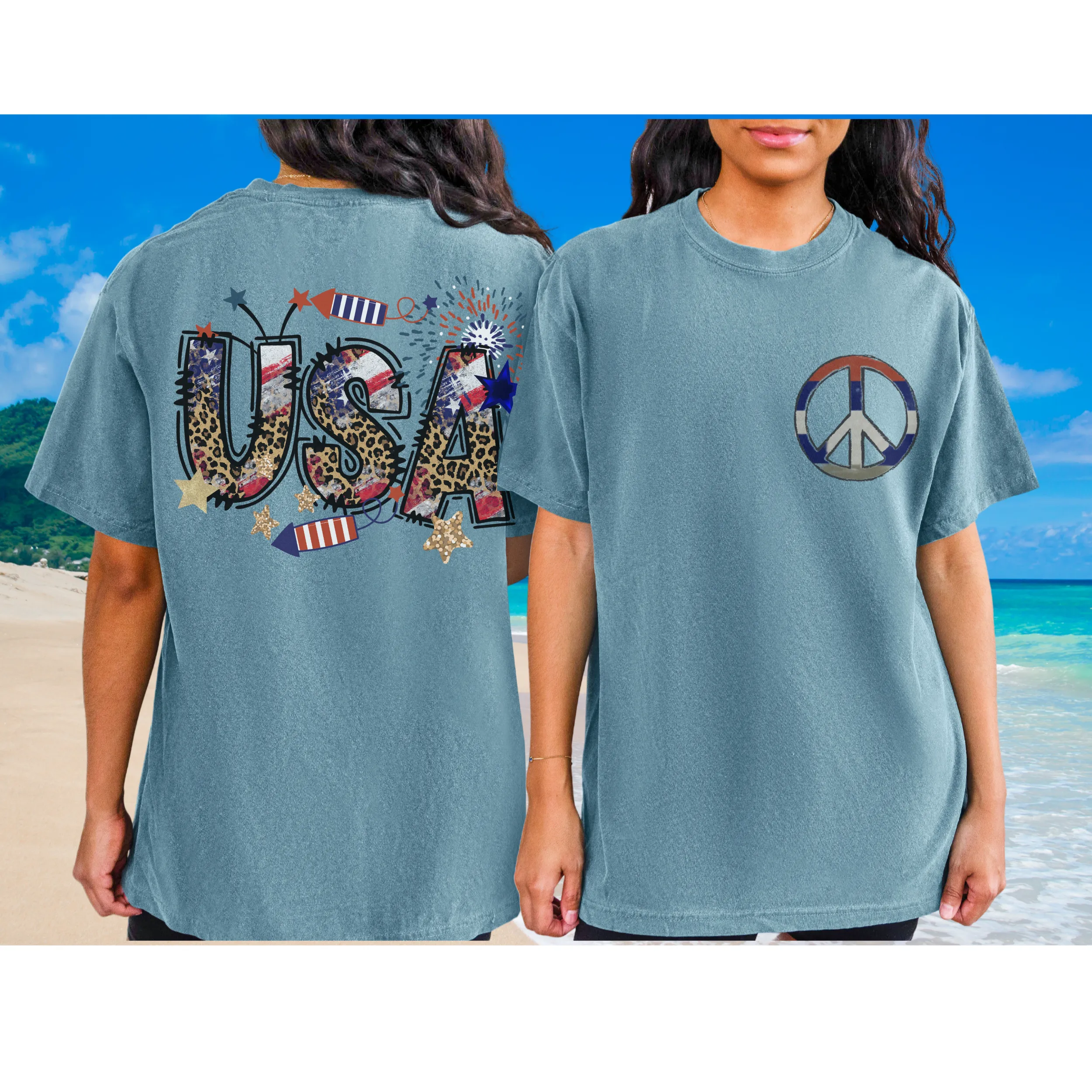 USA Red White Blue Peace Sign 4th of July Comfort Colors® T-Shirt, Front and Back Design T-Shirt Dress, 1970's Hippie Groovy Tee