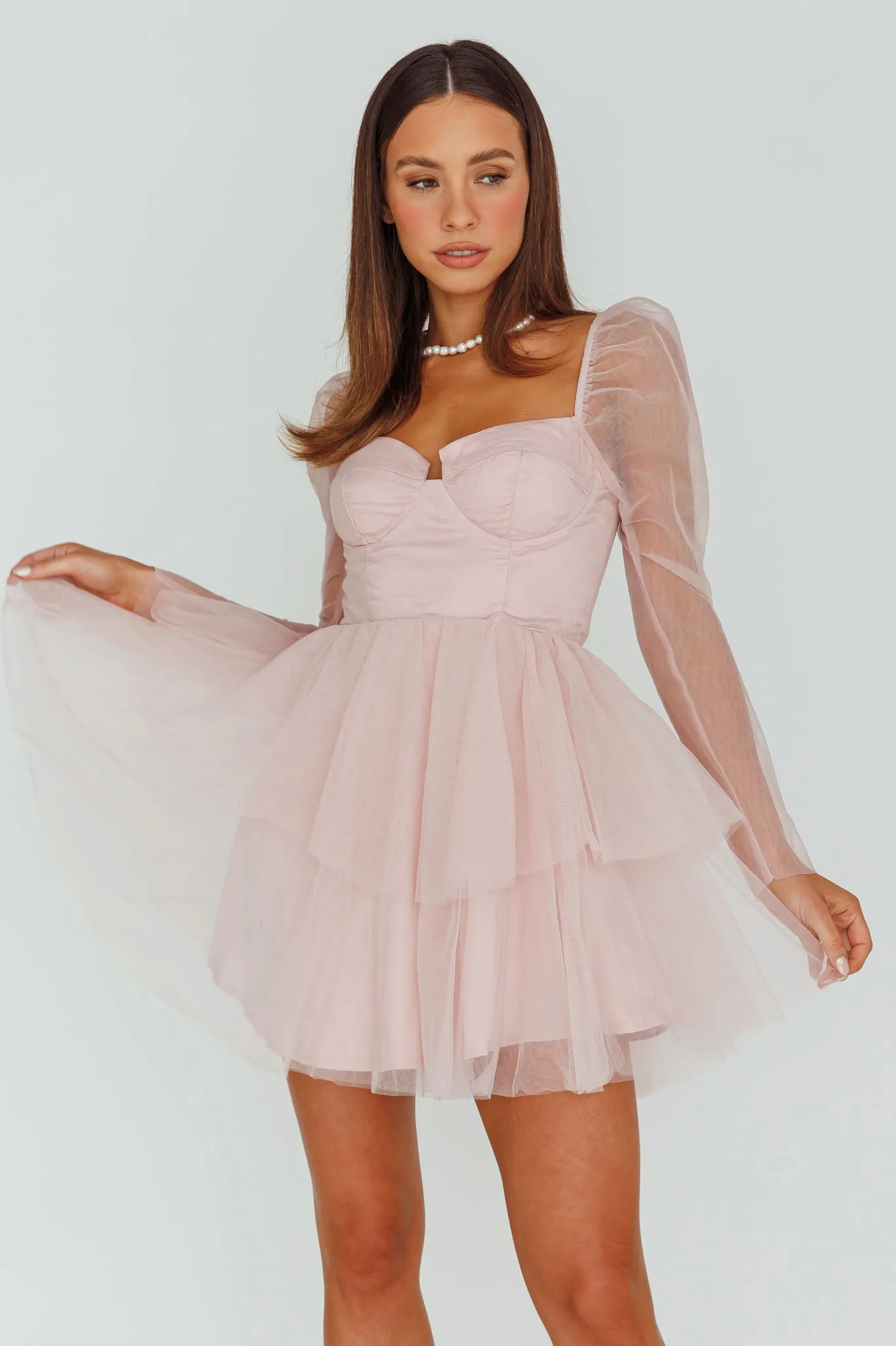 Veola Long Sleeve Tulle Mini Dress Blush