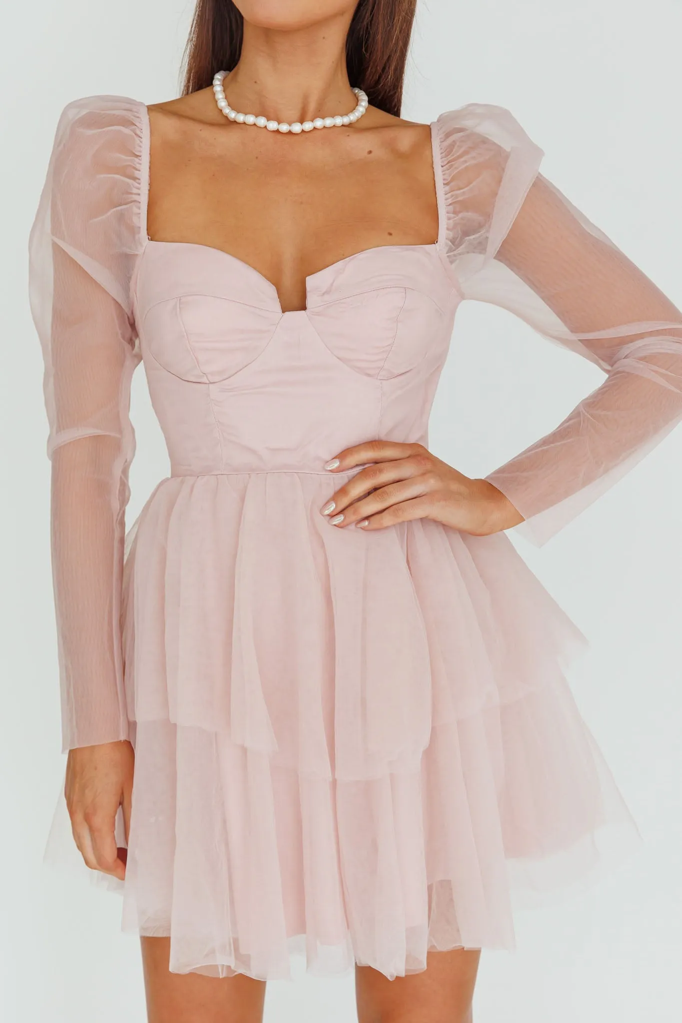 Veola Long Sleeve Tulle Mini Dress Blush