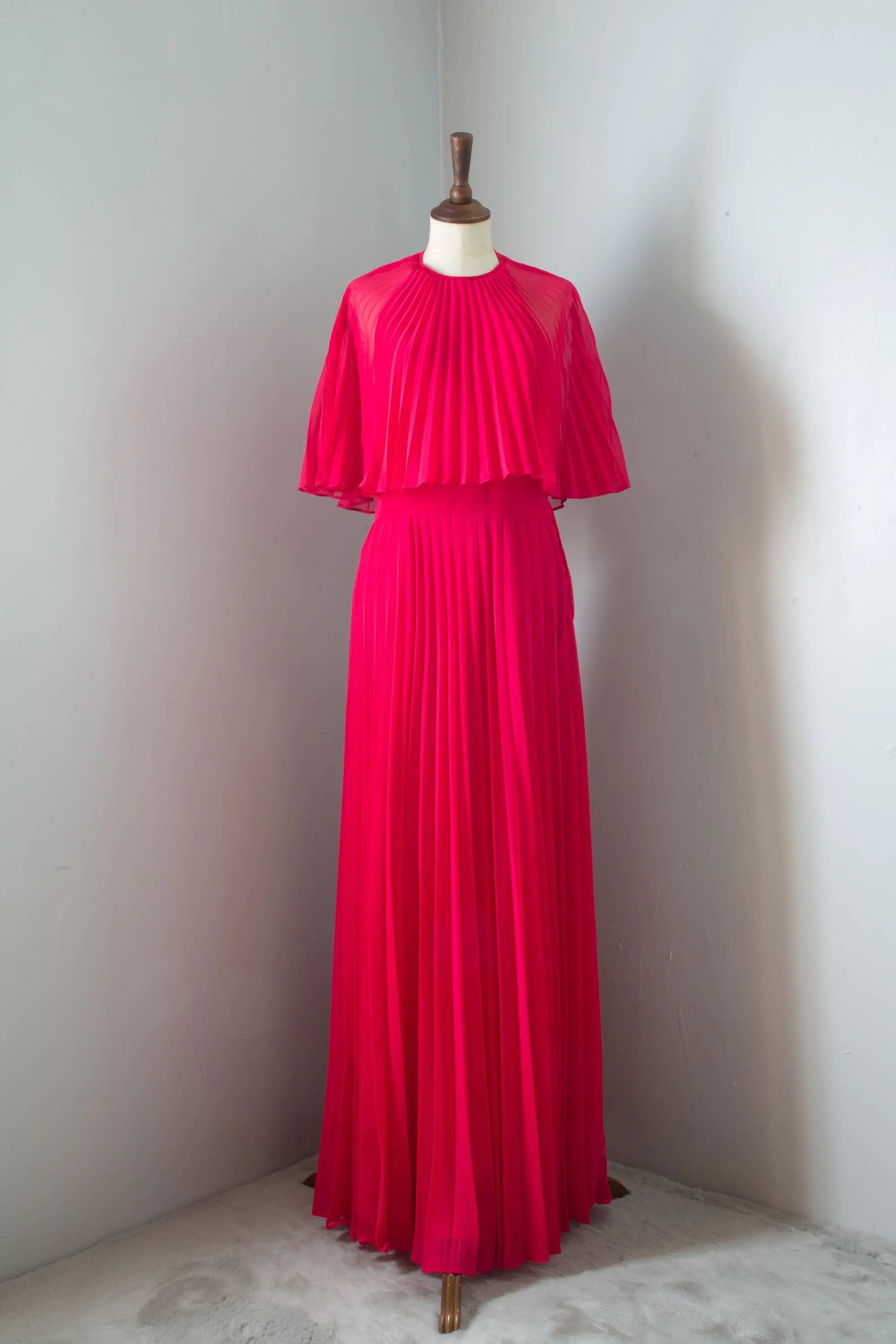 Vintage 1970s Hot Pink Chiffon Maxi Dress