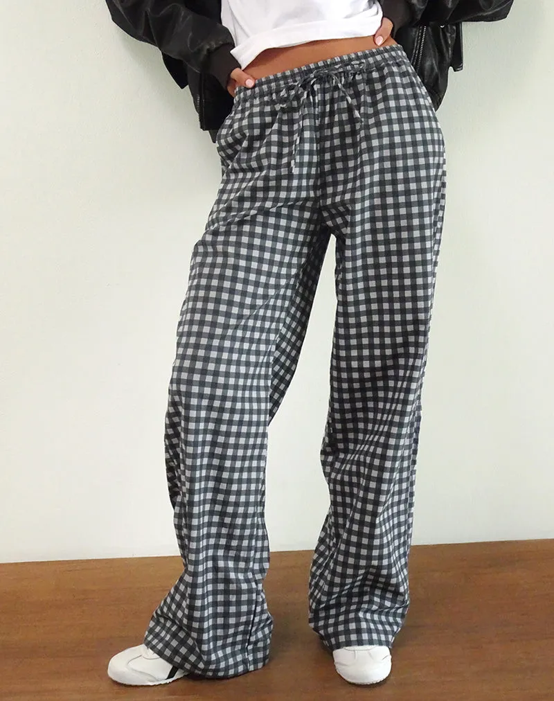 Wasic Wide Leg Linen Trouser in Tonal Black and Grey Gingham