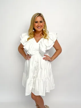 White Ruffled V Neck Dress