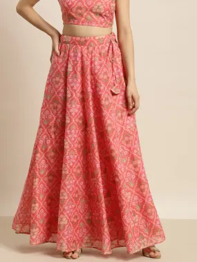 Women Peach Chanderi Mughal Floral Anarkali Skirt