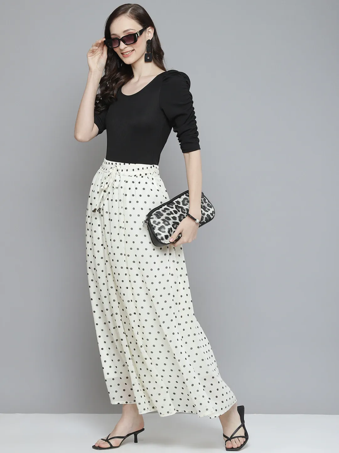 Women White With Black Polka Dot Maxi Skirt