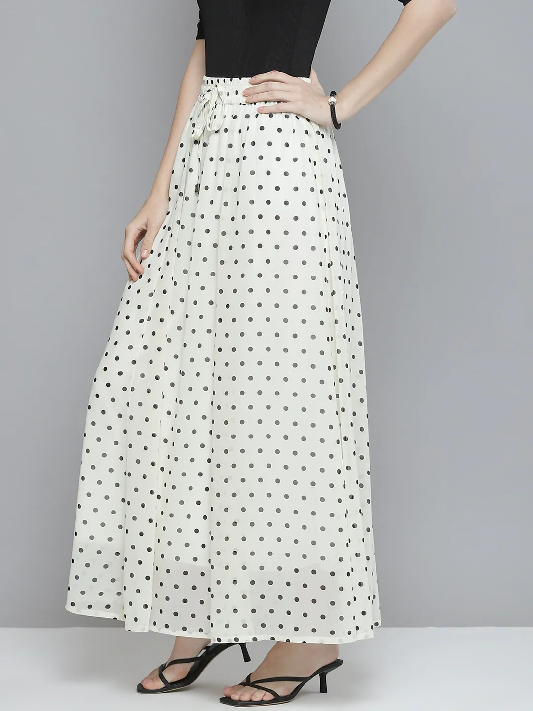 Women White With Black Polka Dot Maxi Skirt