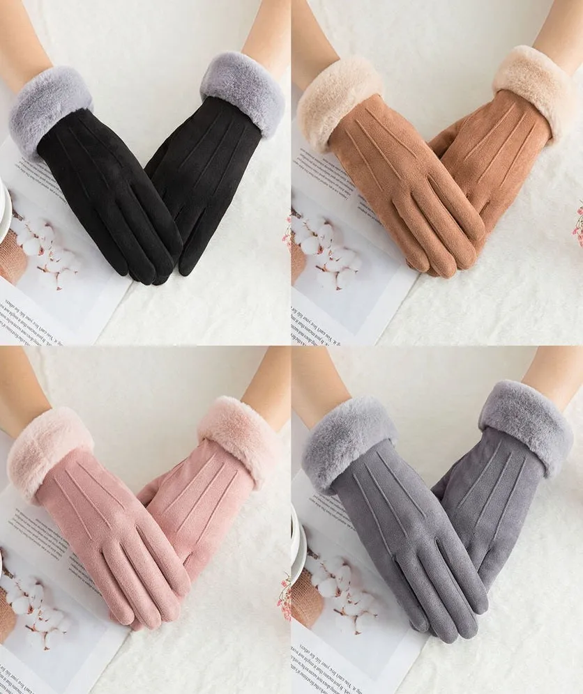 Women Winter Gloves Warm Ladies Touch Screen Gloves Suede Plain