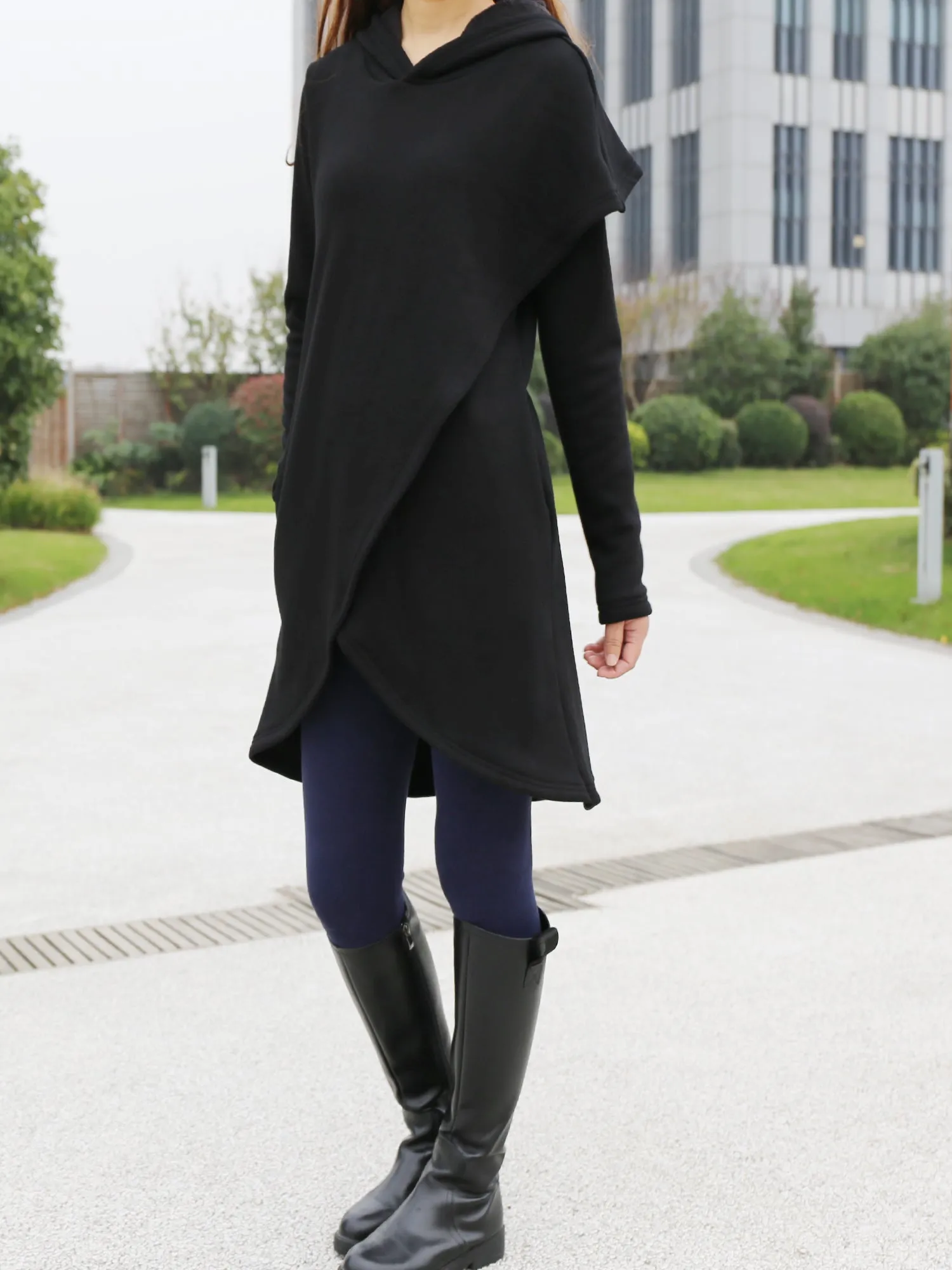 Women's asymmetrical thick cotton fleece hoodie/plus size jacket/oversized tunic dress/black tunic top/casual customized hoodie(Y3120)