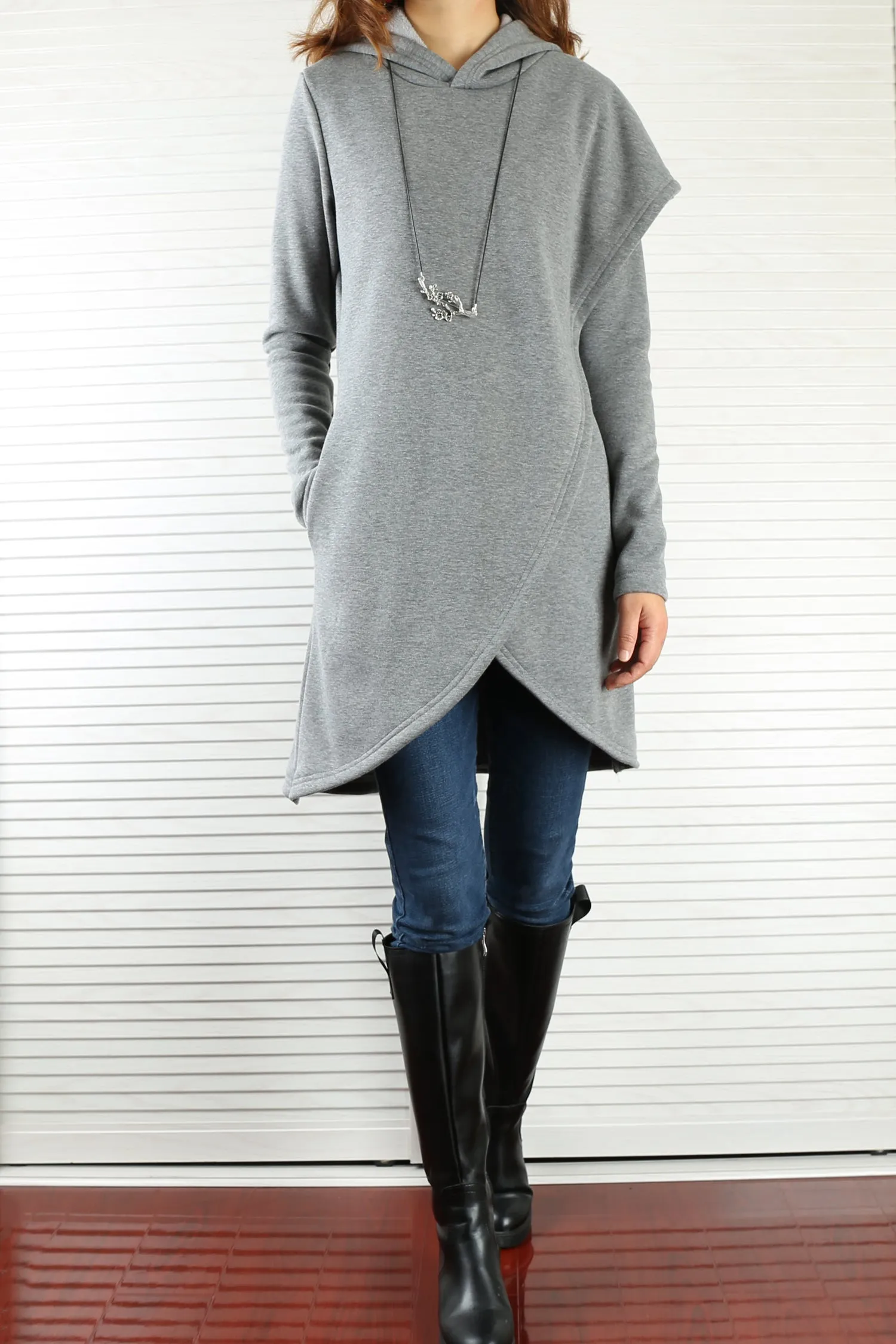 Women's asymmetrical thick cotton fleece hoodie/plus size jacket/oversized tunic dress/black tunic top/casual customized hoodie(Y3120)