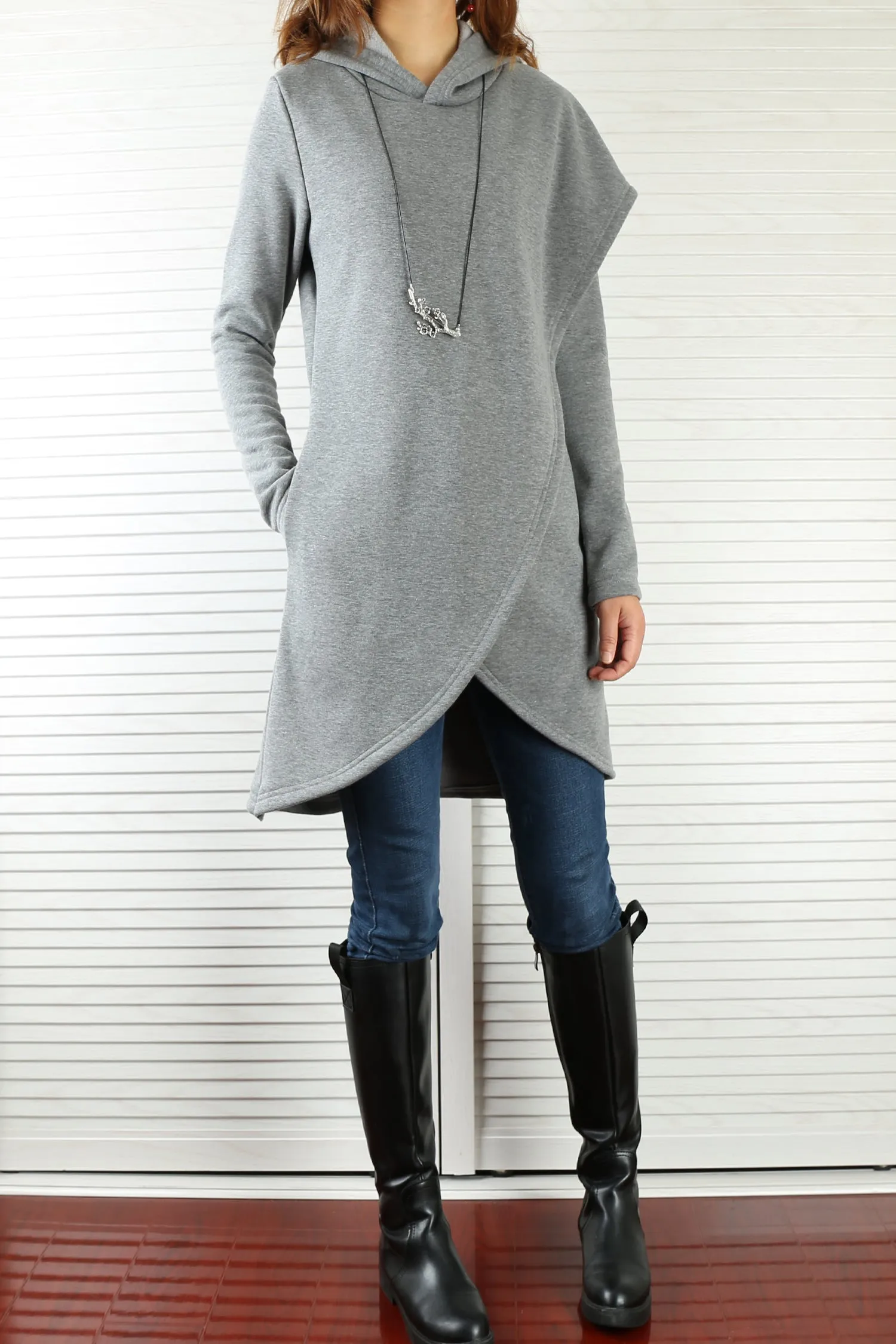 Women's asymmetrical thick cotton fleece hoodie/plus size jacket/oversized tunic dress/black tunic top/casual customized hoodie(Y3120)