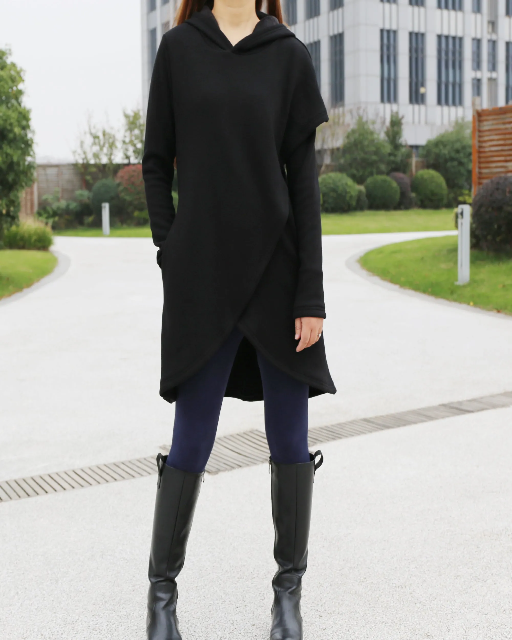 Women's asymmetrical thick cotton fleece hoodie/plus size jacket/oversized tunic dress/black tunic top/casual customized hoodie(Y3120)