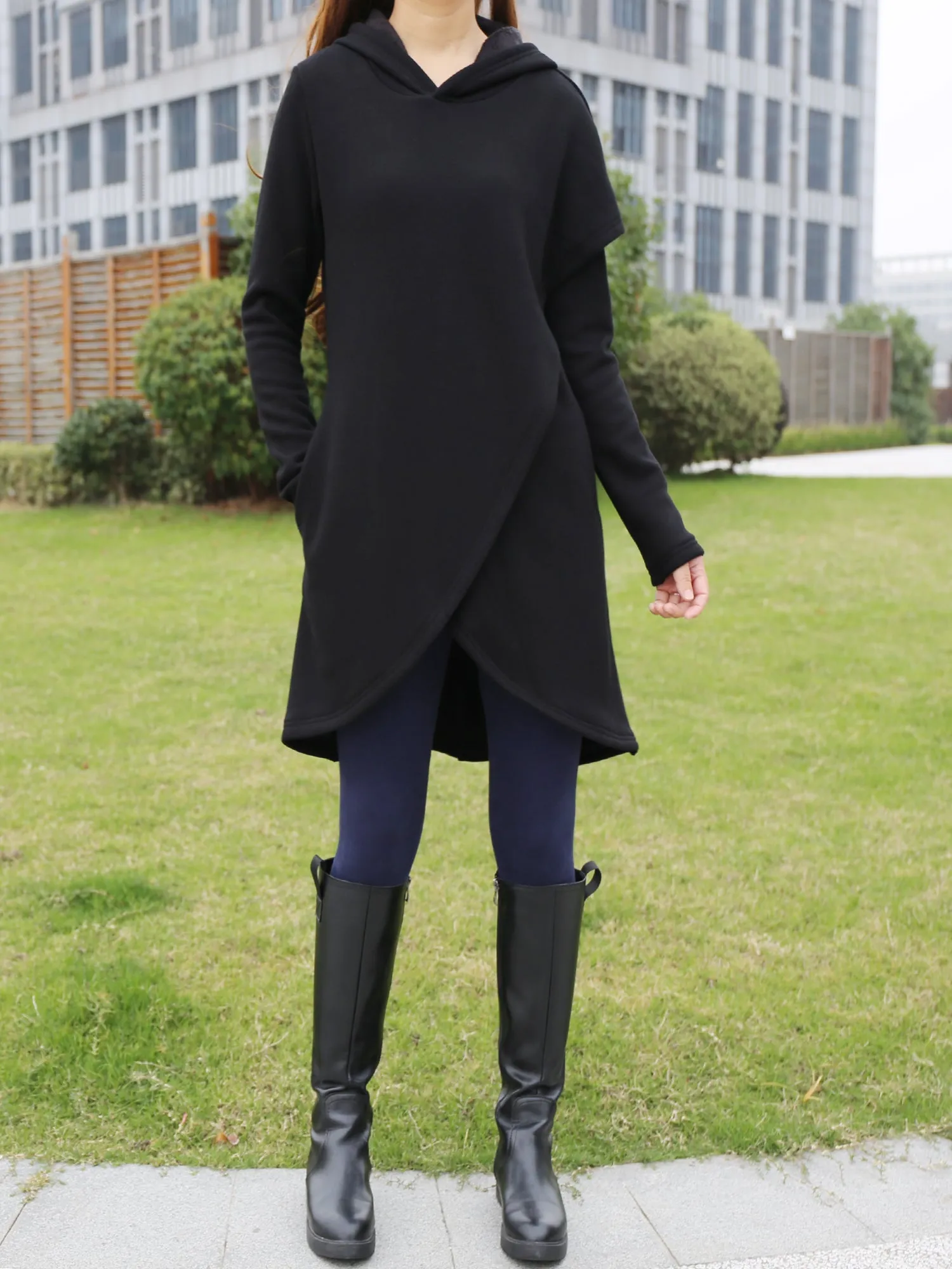 Women's asymmetrical thick cotton fleece hoodie/plus size jacket/oversized tunic dress/black tunic top/casual customized hoodie(Y3120)