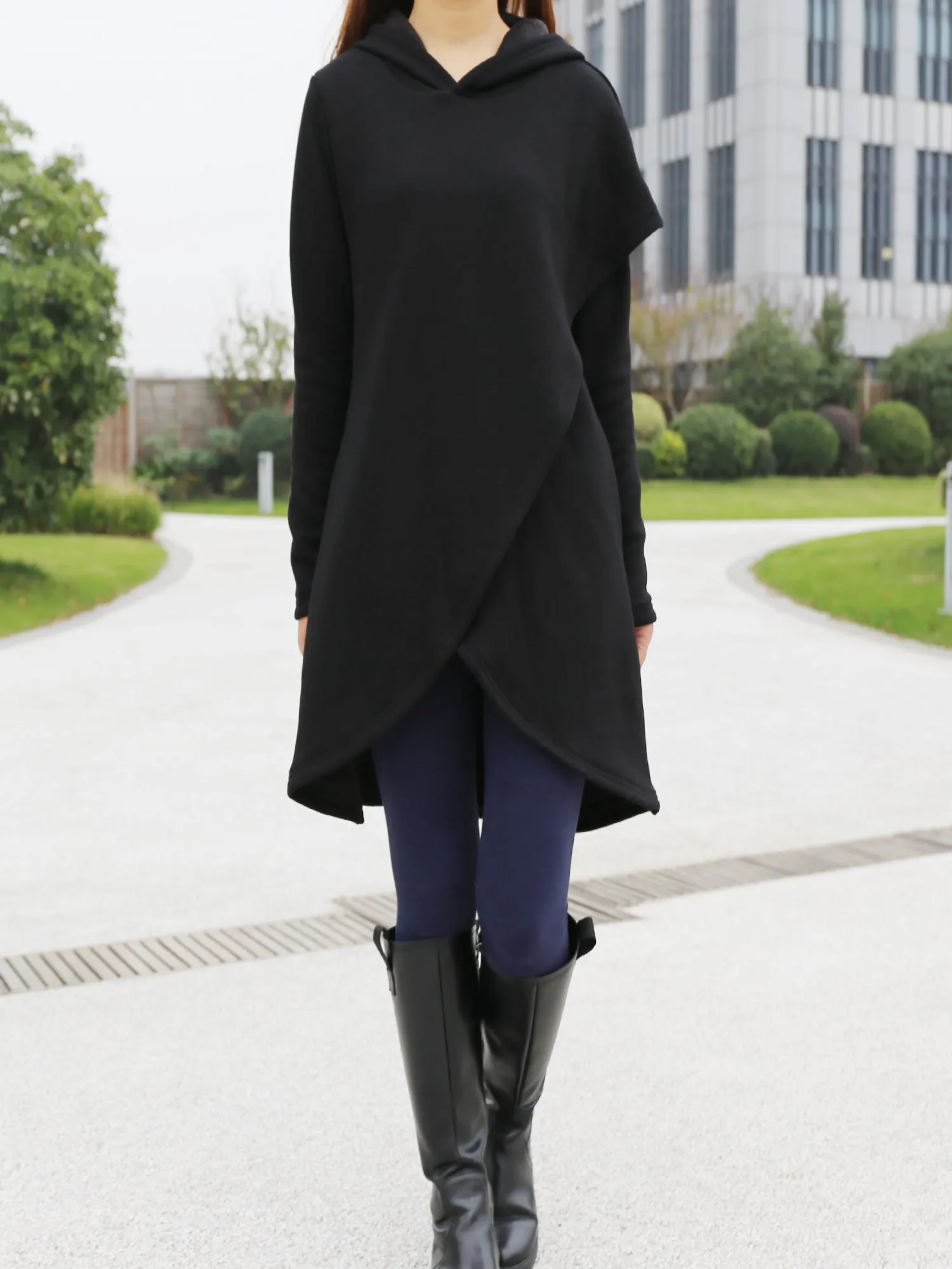 Women's asymmetrical thick cotton fleece hoodie/plus size jacket/oversized tunic dress/black tunic top/casual customized hoodie(Y3120)