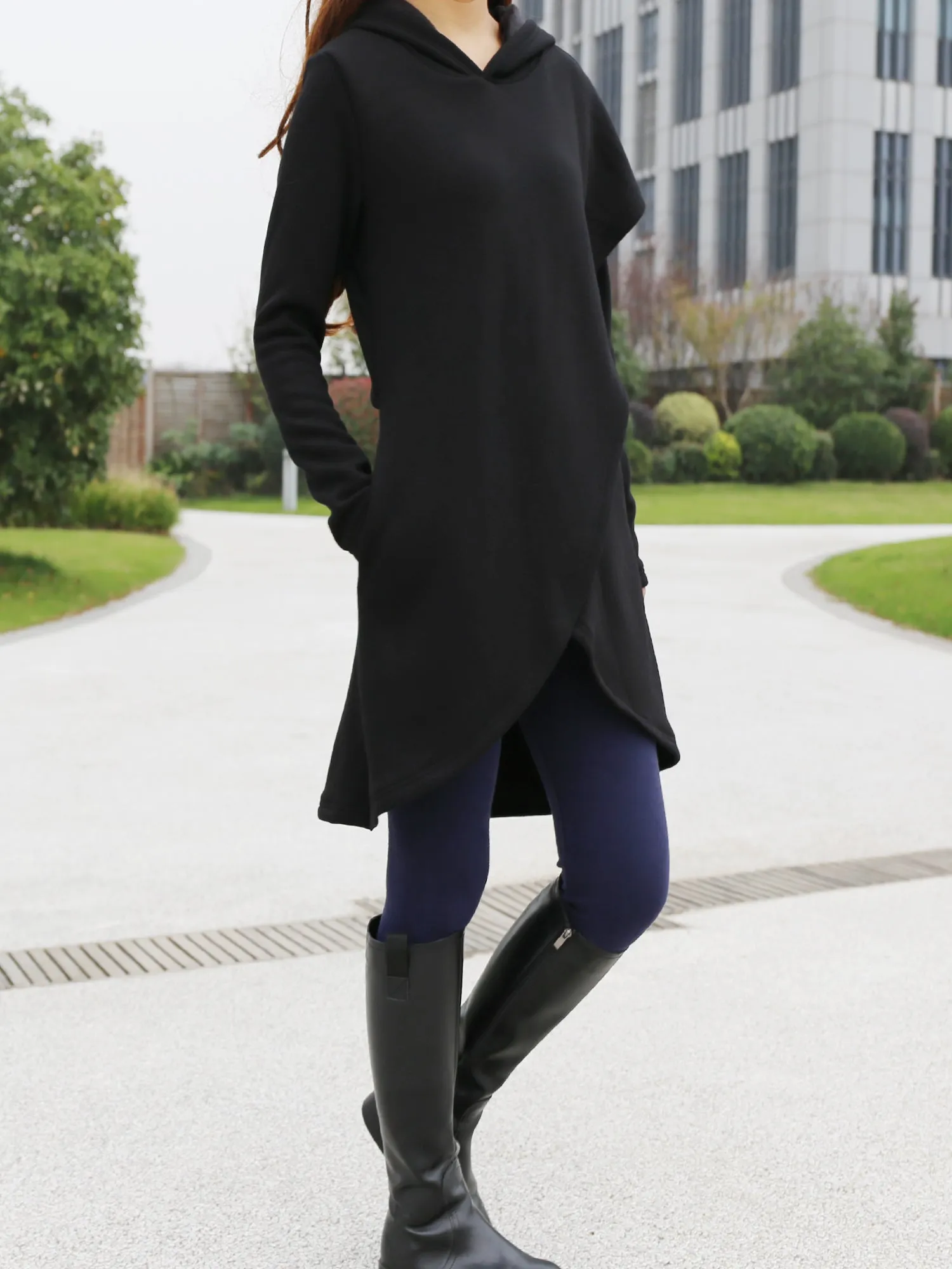 Women's asymmetrical thick cotton fleece hoodie/plus size jacket/oversized tunic dress/black tunic top/casual customized hoodie(Y3120)