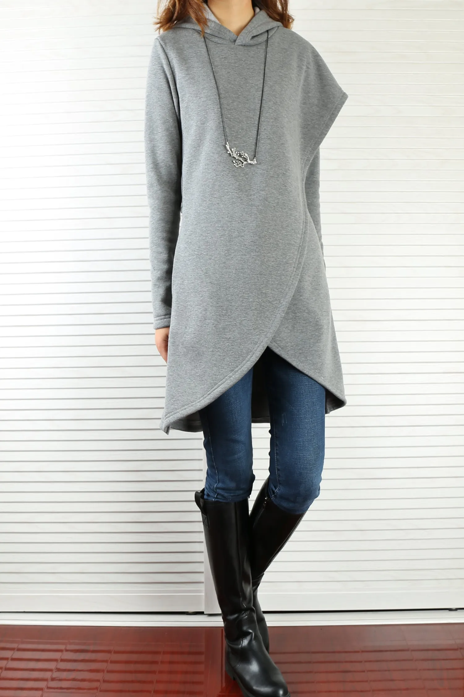 Women's asymmetrical thick cotton fleece hoodie/plus size jacket/oversized tunic dress/black tunic top/casual customized hoodie(Y3120)