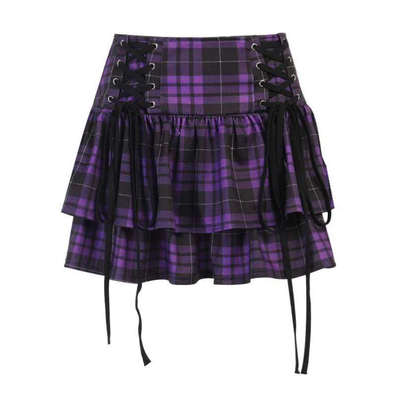 Women's Grunge Strappy Layered Purple Plaid Skirt