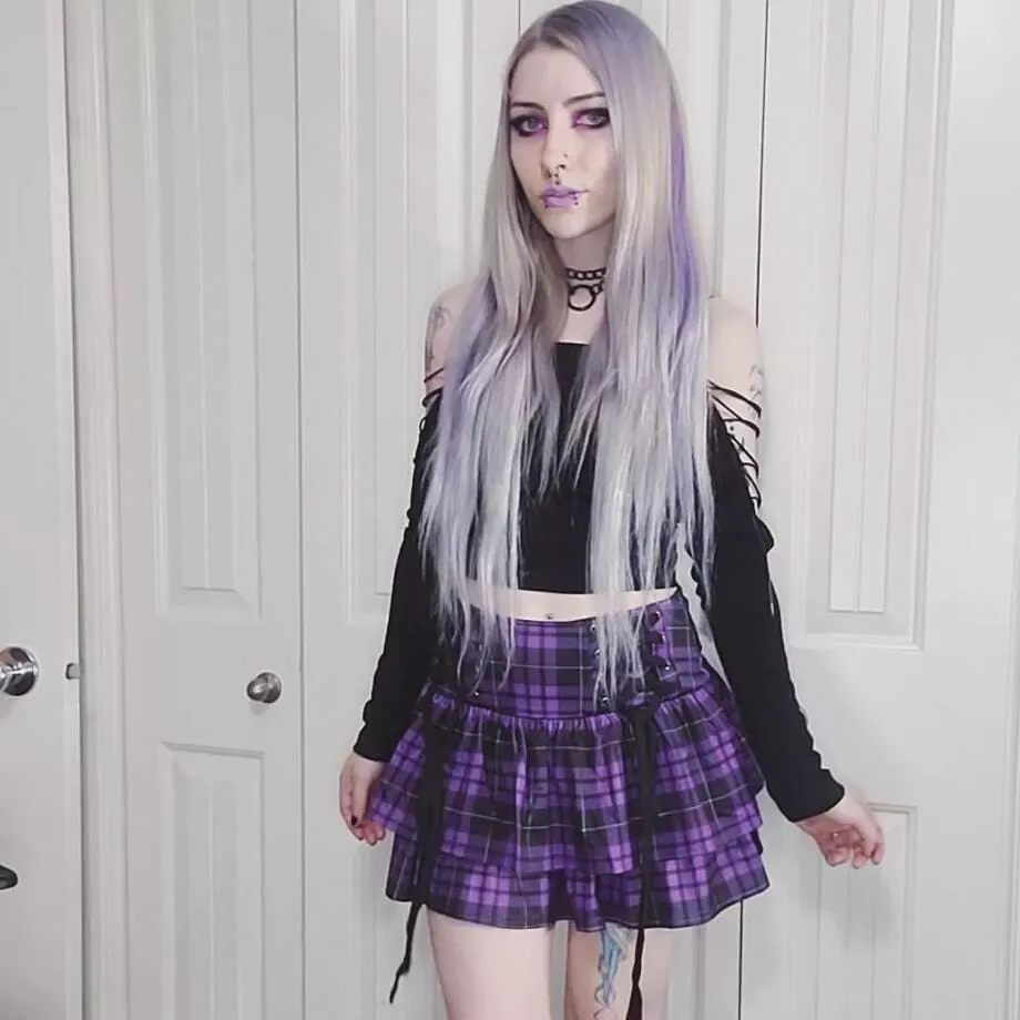 Women's Grunge Strappy Layered Purple Plaid Skirt