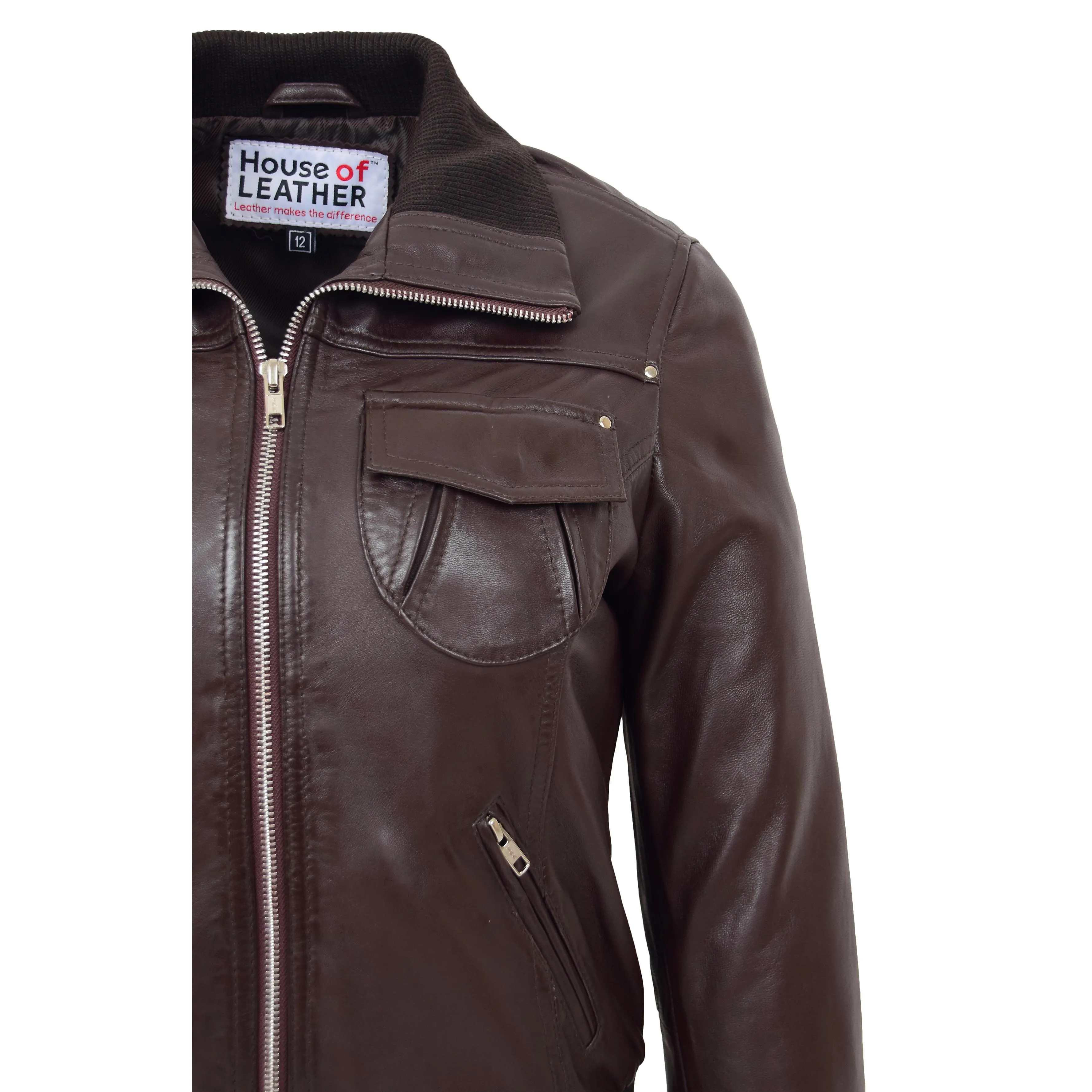 Womens Leather Classic Bomber Jacket Motto Brown