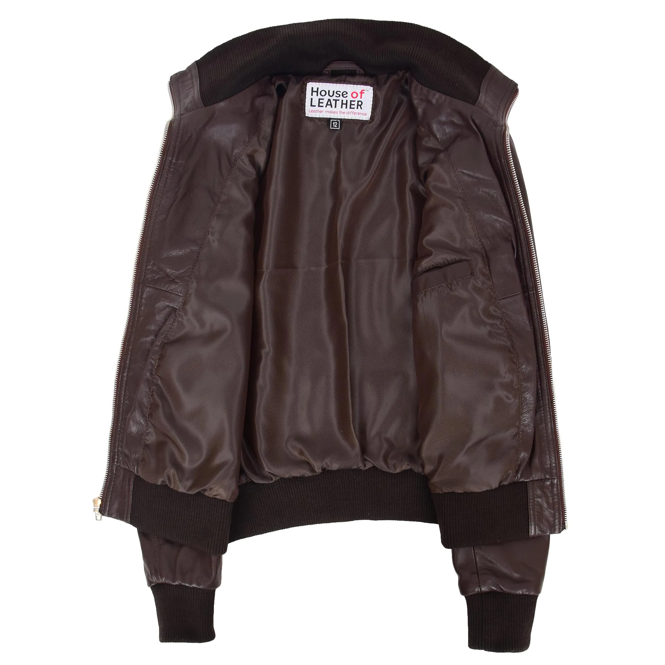 Womens Leather Classic Bomber Jacket Motto Brown