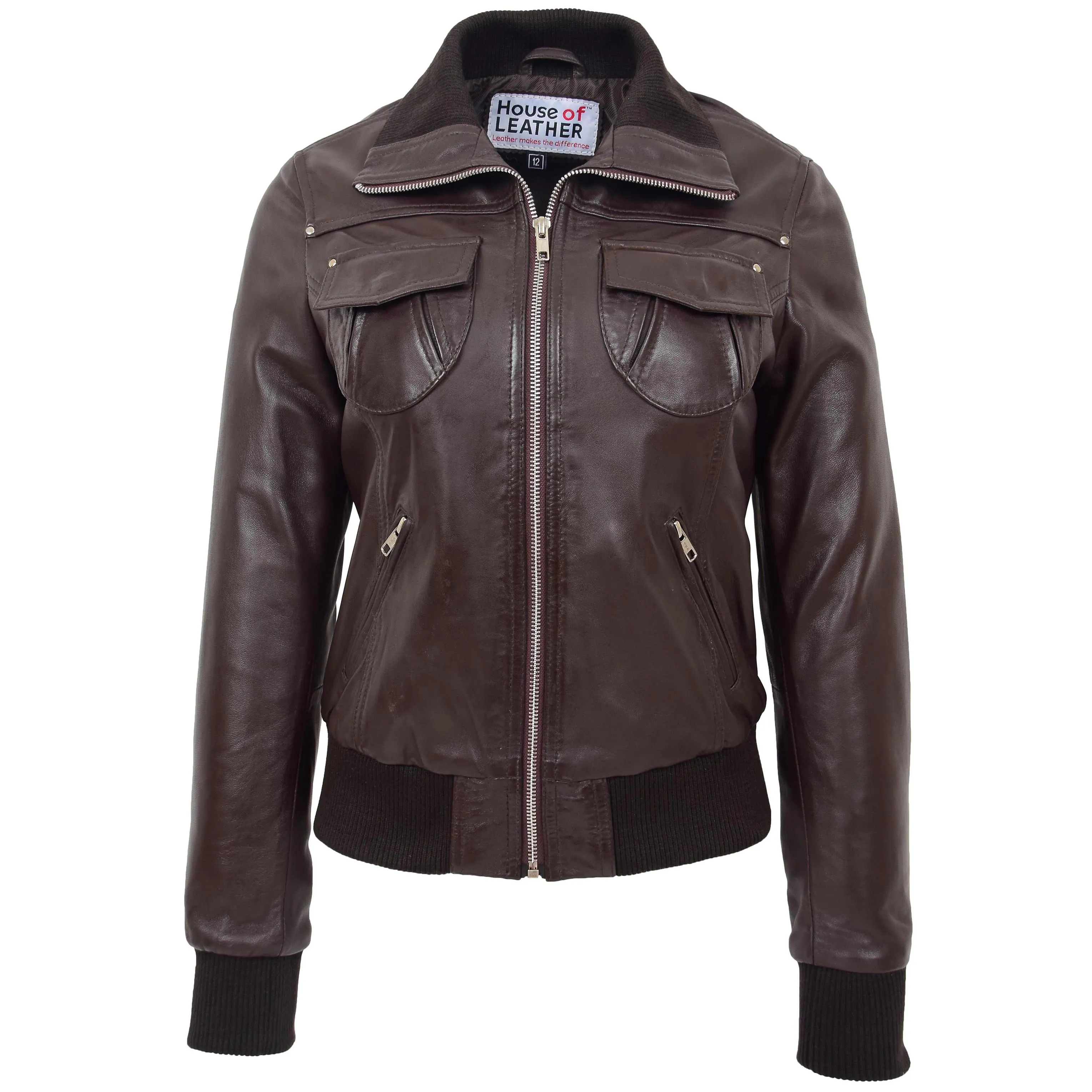 Womens Leather Classic Bomber Jacket Motto Brown