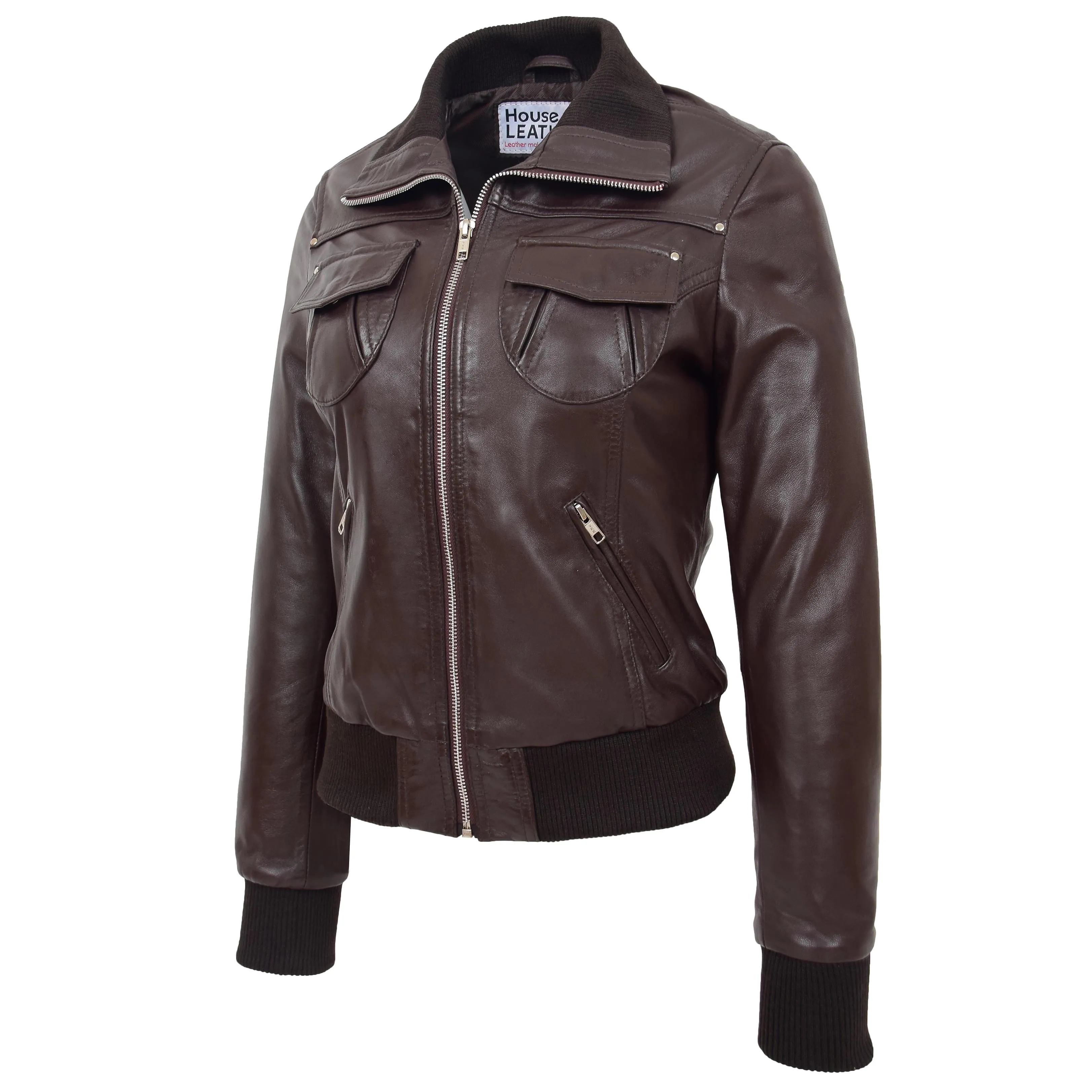 Womens Leather Classic Bomber Jacket Motto Brown