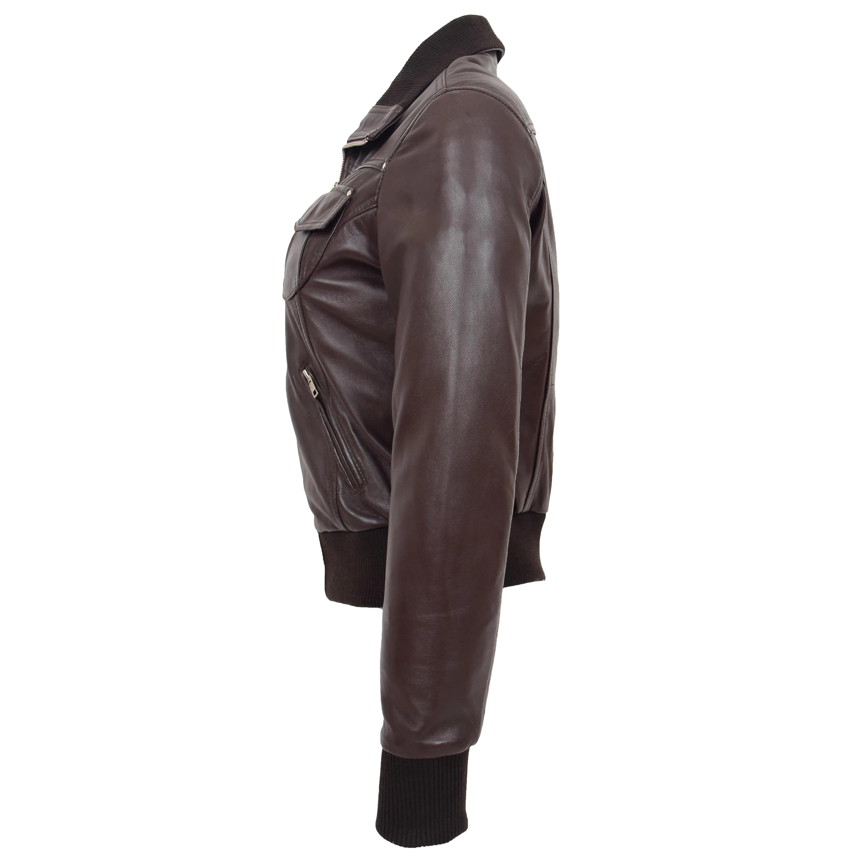 Womens Leather Classic Bomber Jacket Motto Brown