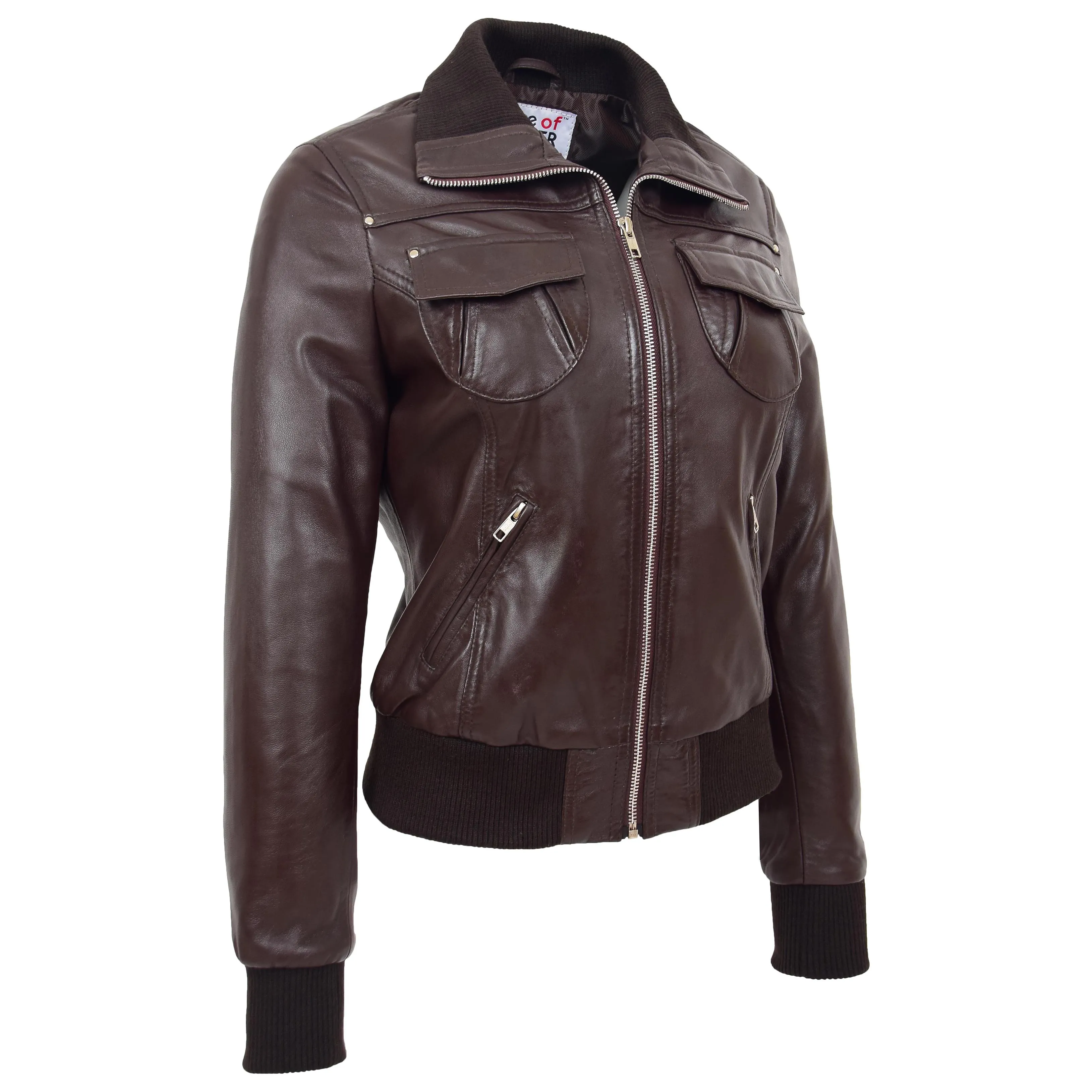 Womens Leather Classic Bomber Jacket Motto Brown