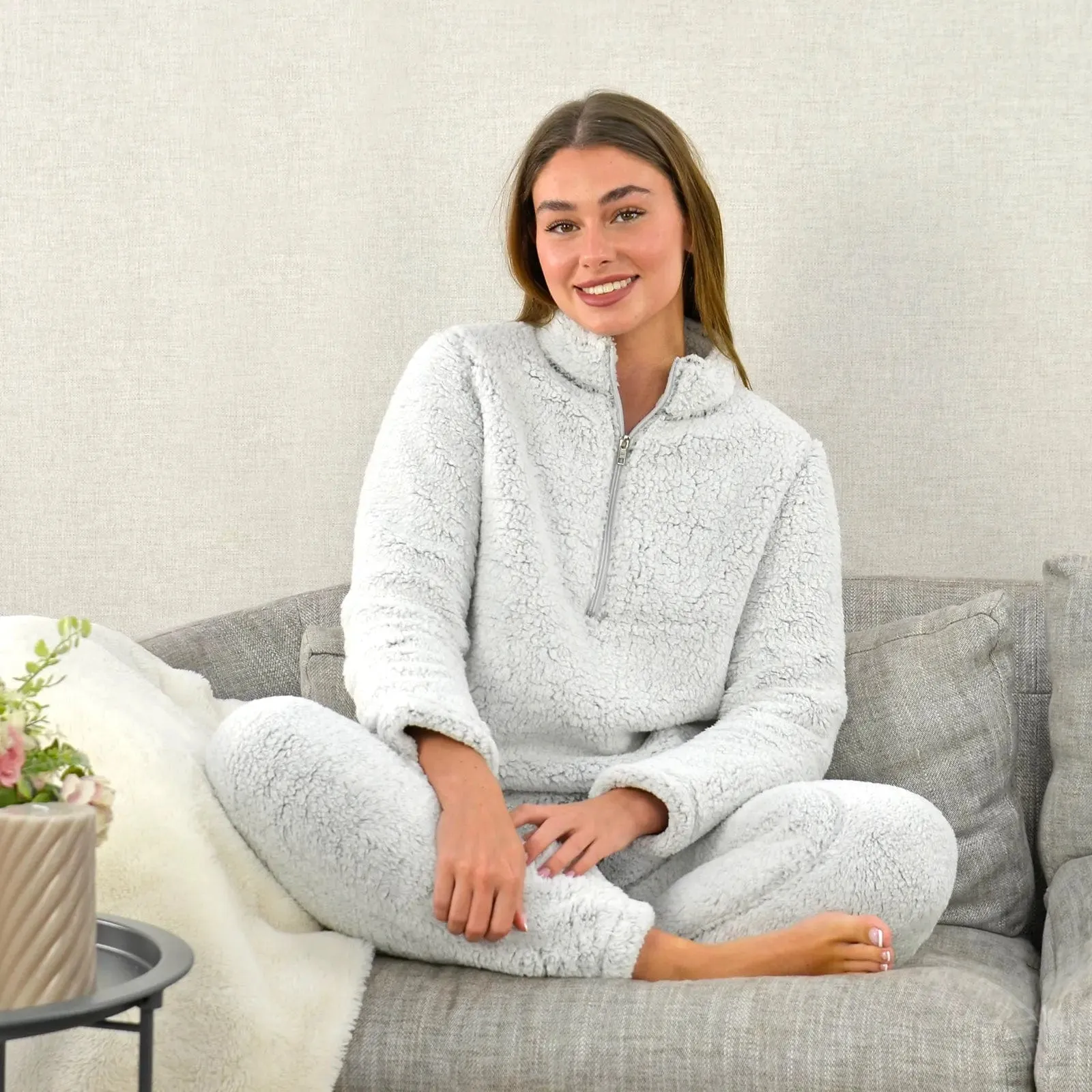 Womens Sherpa Fleece Pyjamas PJs Twosie Plush Loungewear Grey