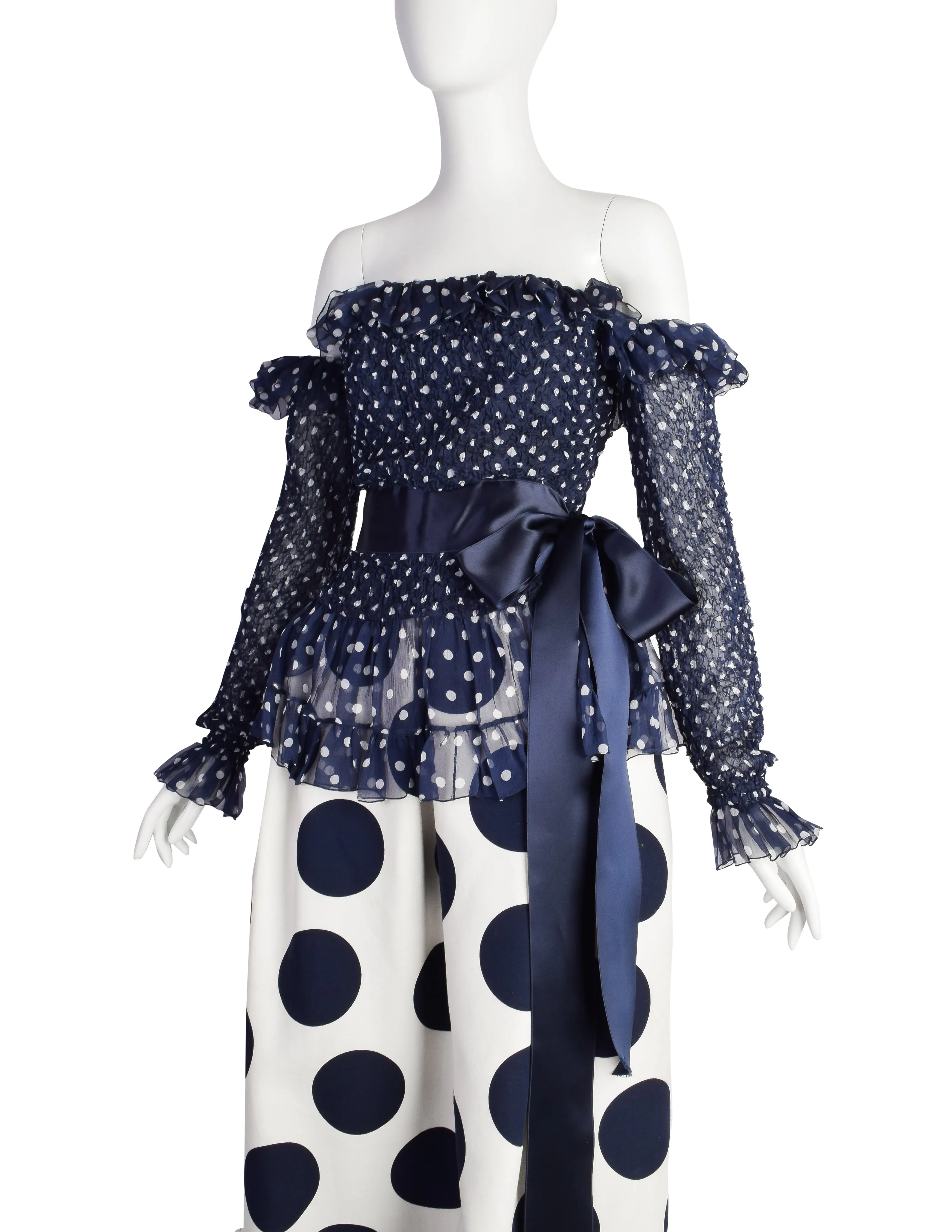 Yves Saint Laurent Vintage SS 1992 Haute Couture Navy Blue White Polka Dot Smocked Chiffon Gown