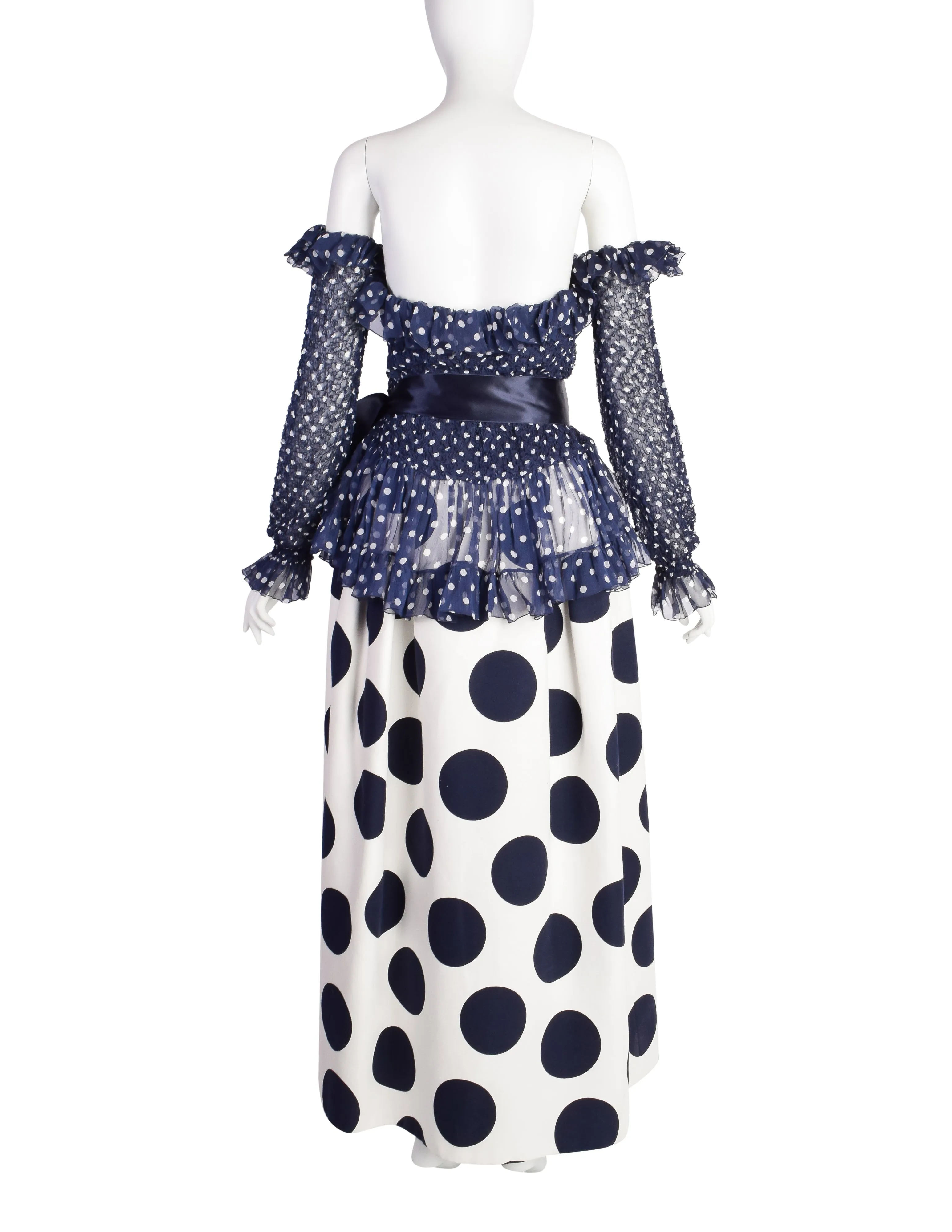 Yves Saint Laurent Vintage SS 1992 Haute Couture Navy Blue White Polka Dot Smocked Chiffon Gown