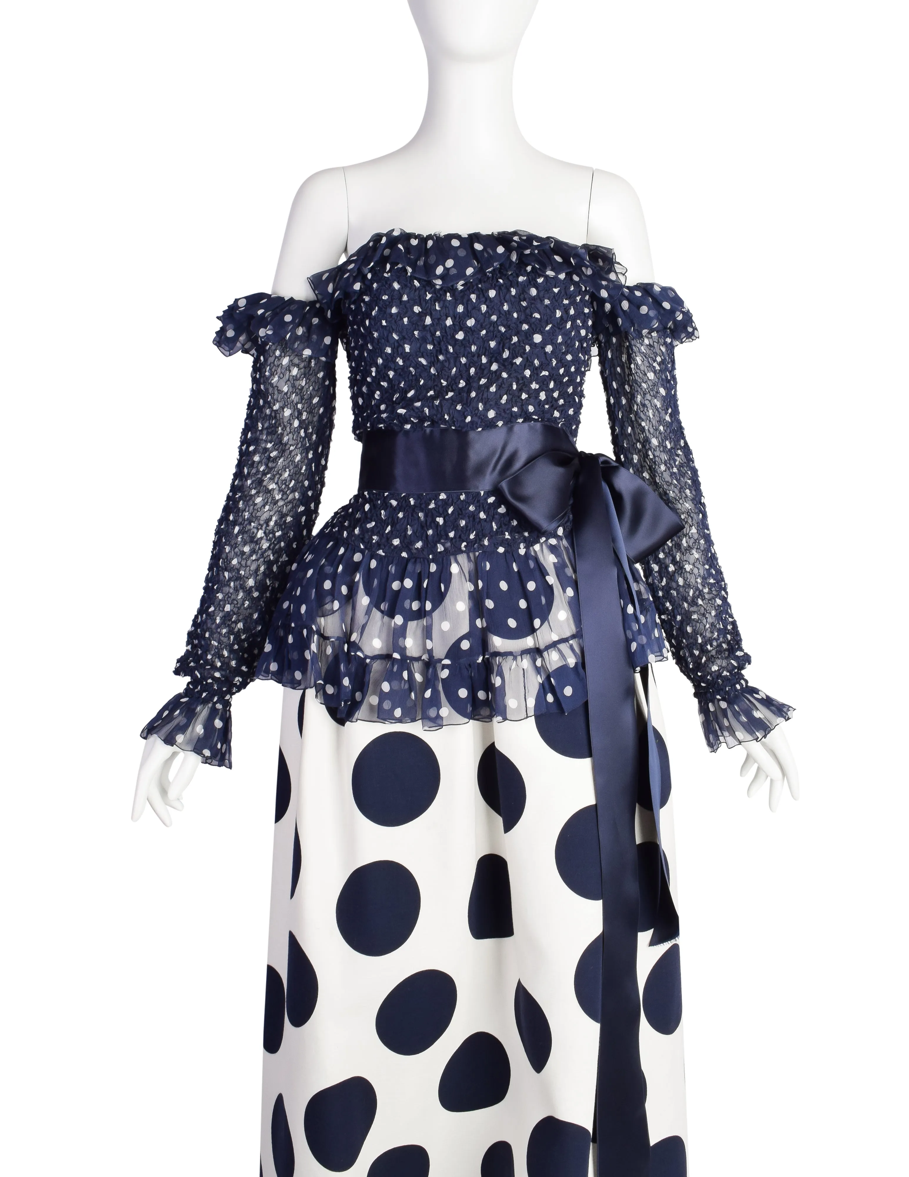 Yves Saint Laurent Vintage SS 1992 Haute Couture Navy Blue White Polka Dot Smocked Chiffon Gown