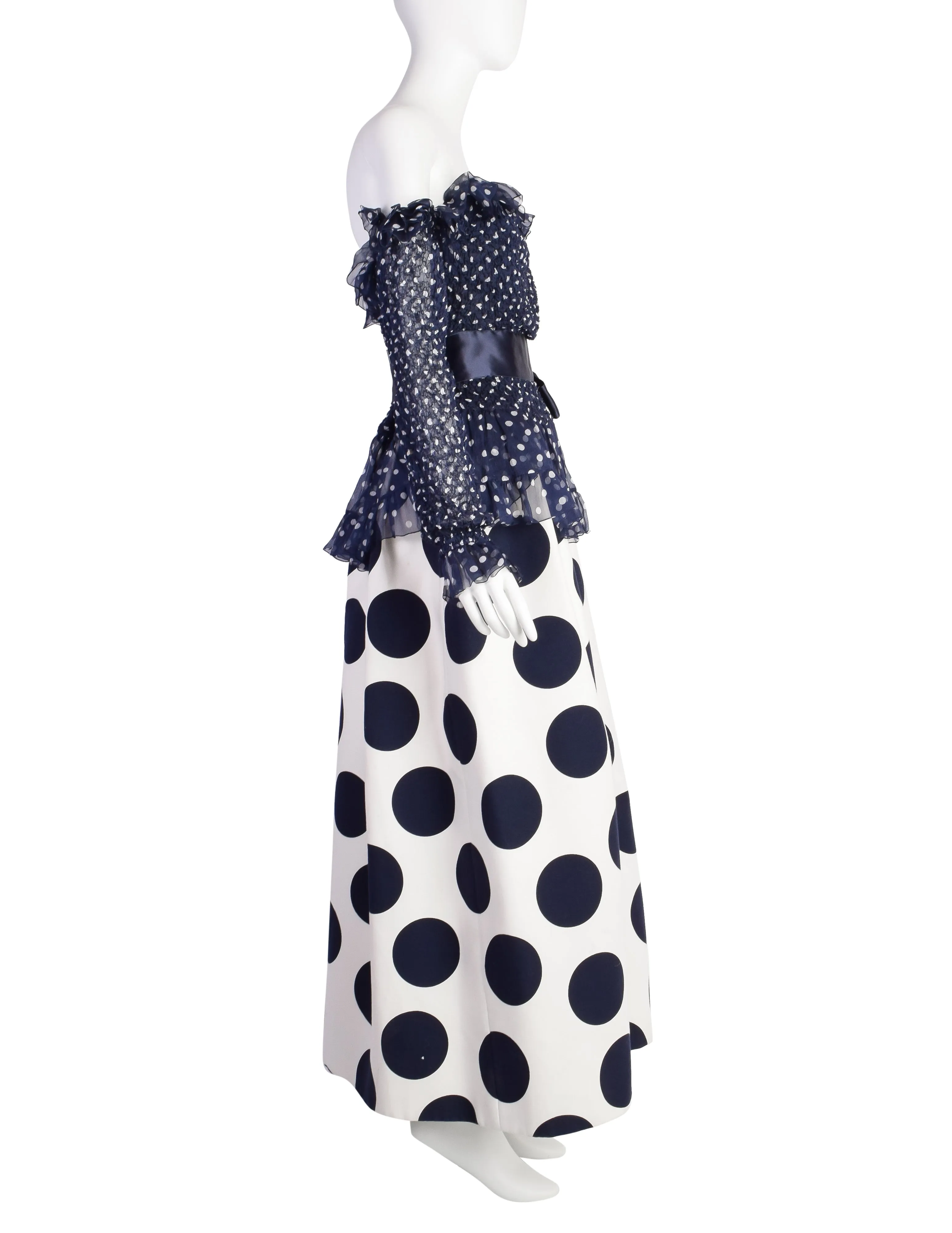 Yves Saint Laurent Vintage SS 1992 Haute Couture Navy Blue White Polka Dot Smocked Chiffon Gown