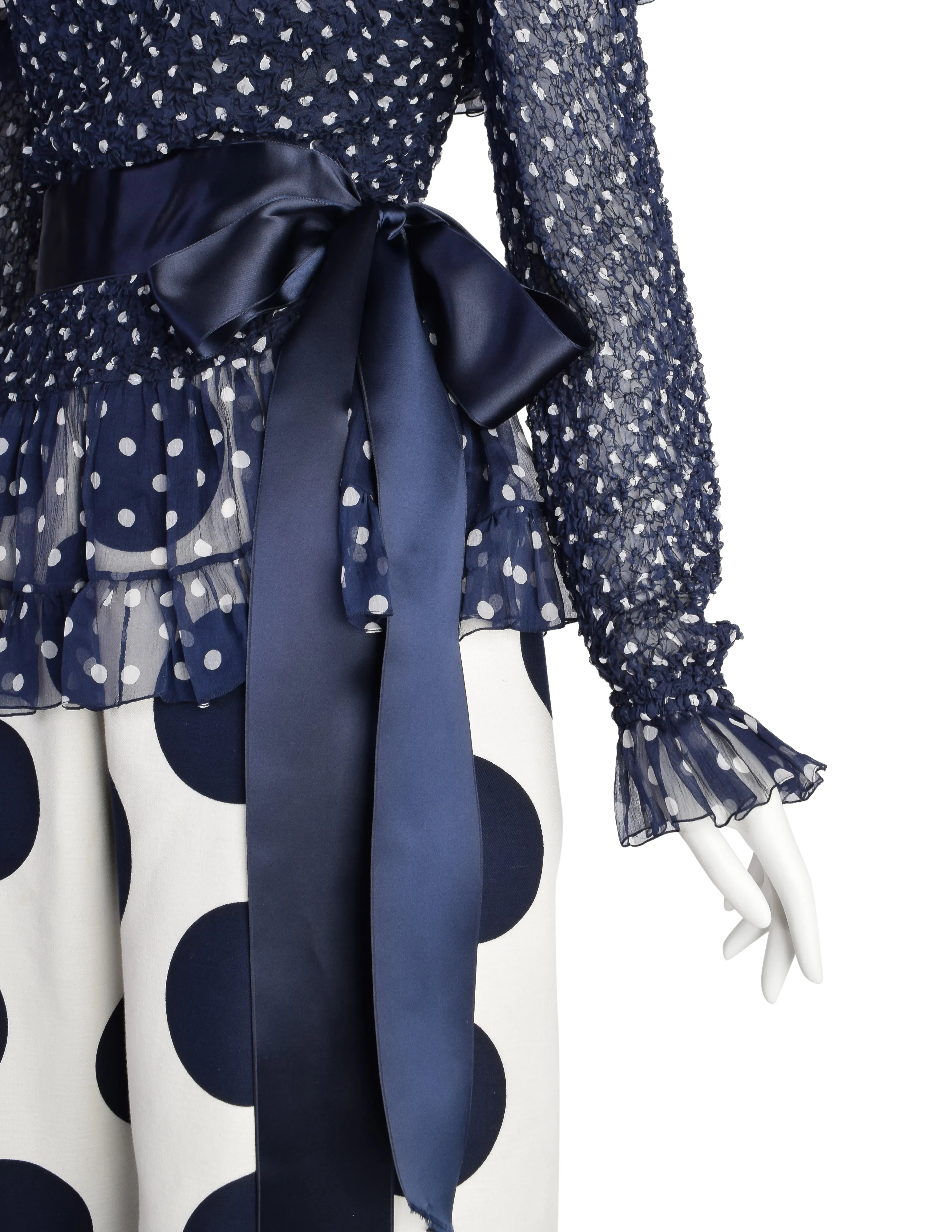 Yves Saint Laurent Vintage SS 1992 Haute Couture Navy Blue White Polka Dot Smocked Chiffon Gown